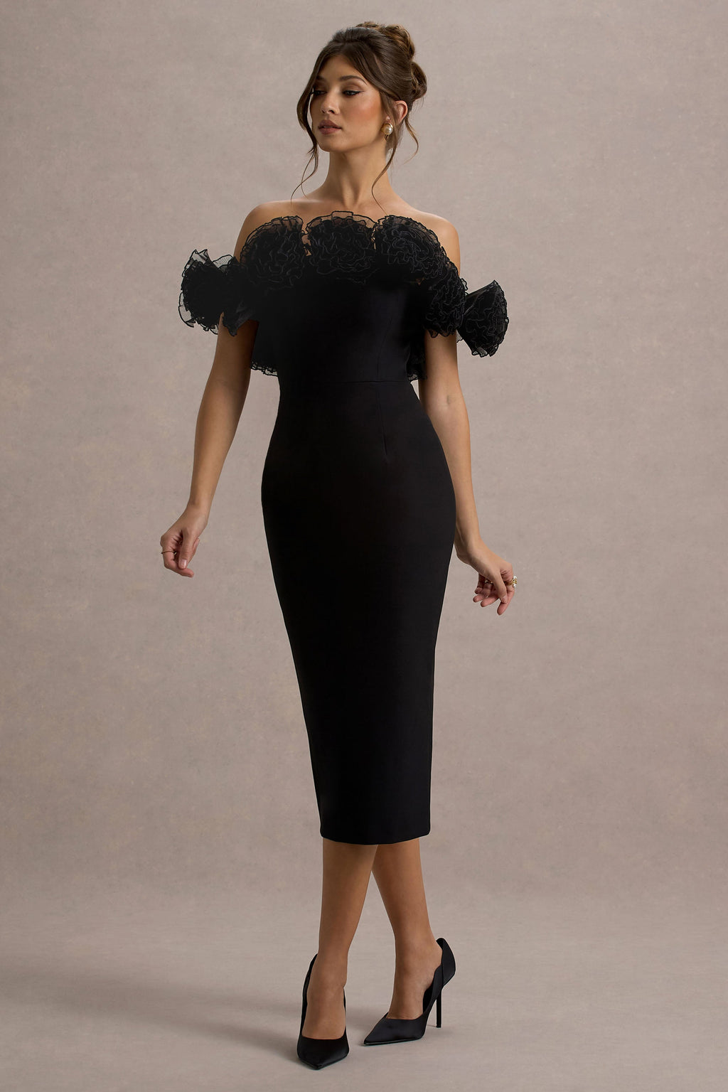 Alizzi | Black Bardot Midi Dress With Ruffle Trim