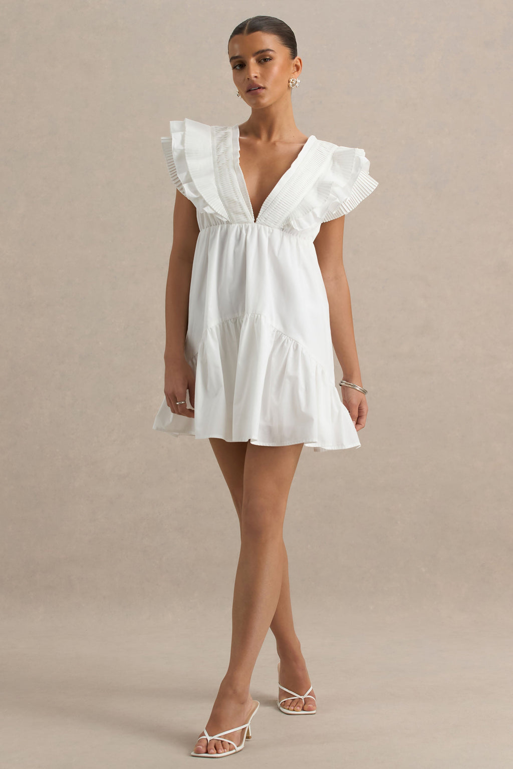 Judie | White Poplin V-Neck Ruffled Mini Dress