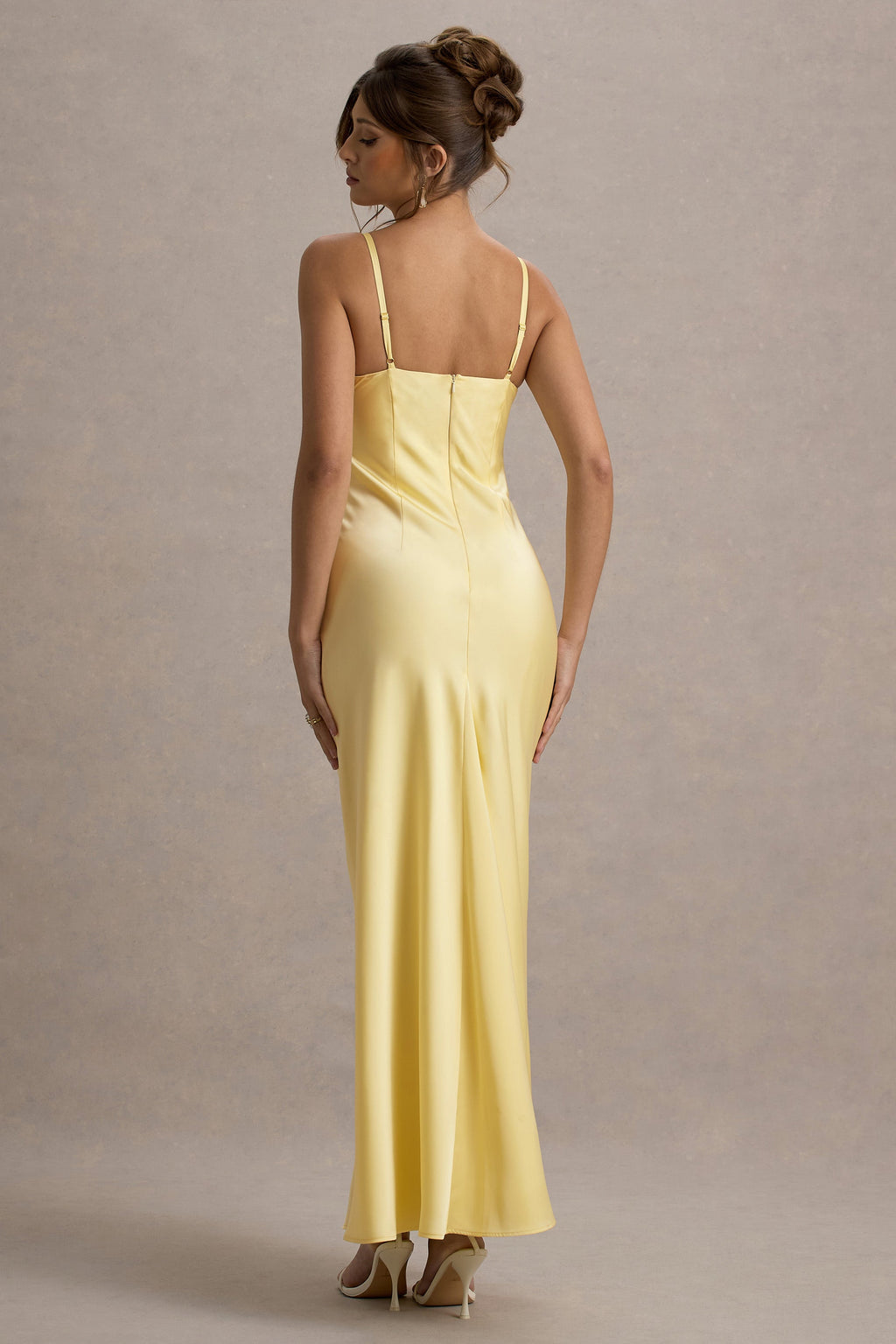Eimear | Lemon Satin Draped Sweetheart Maxi Dress