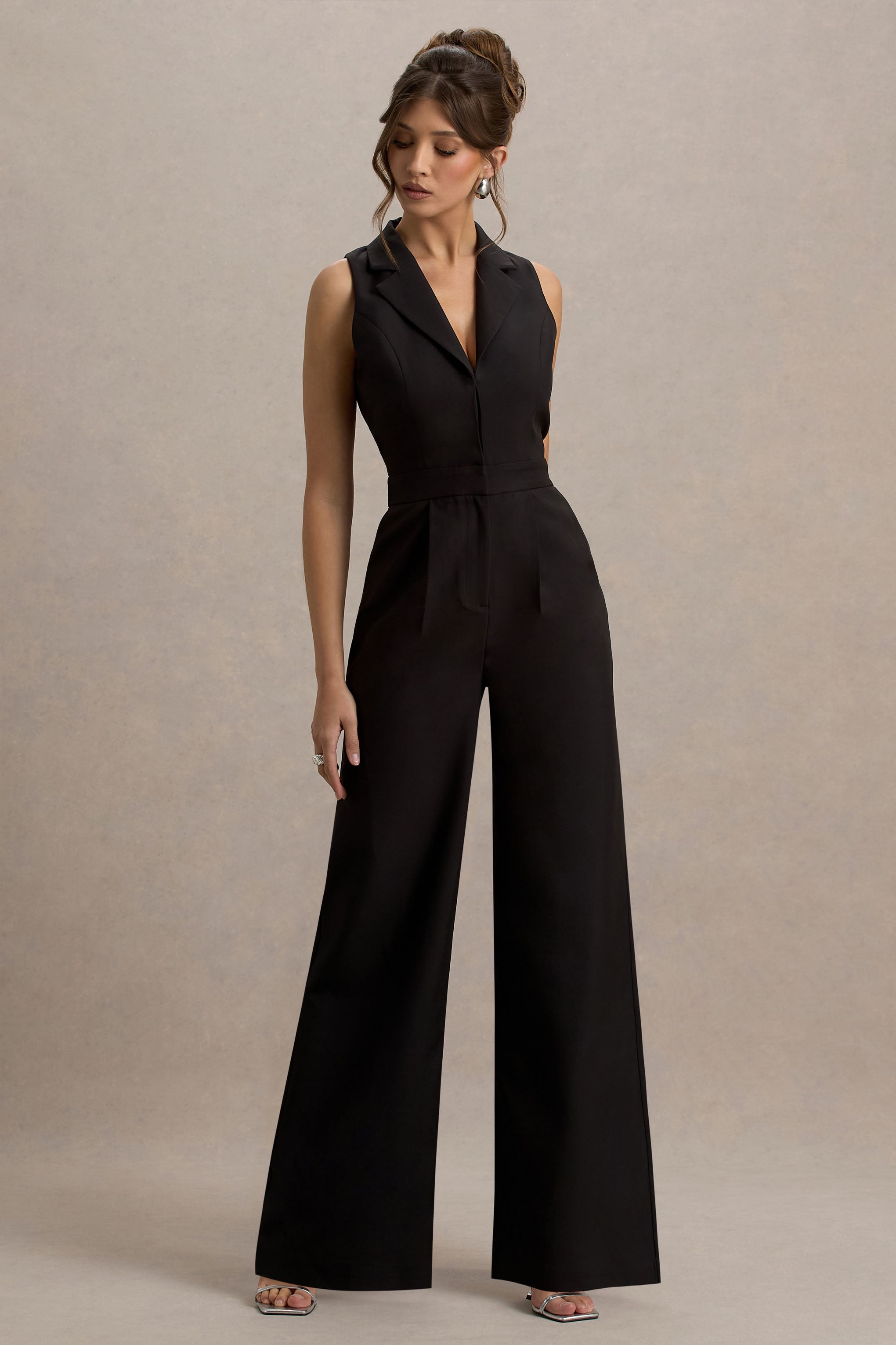 Trixie | Black Plunge-Neck Tailored Jumpsuit