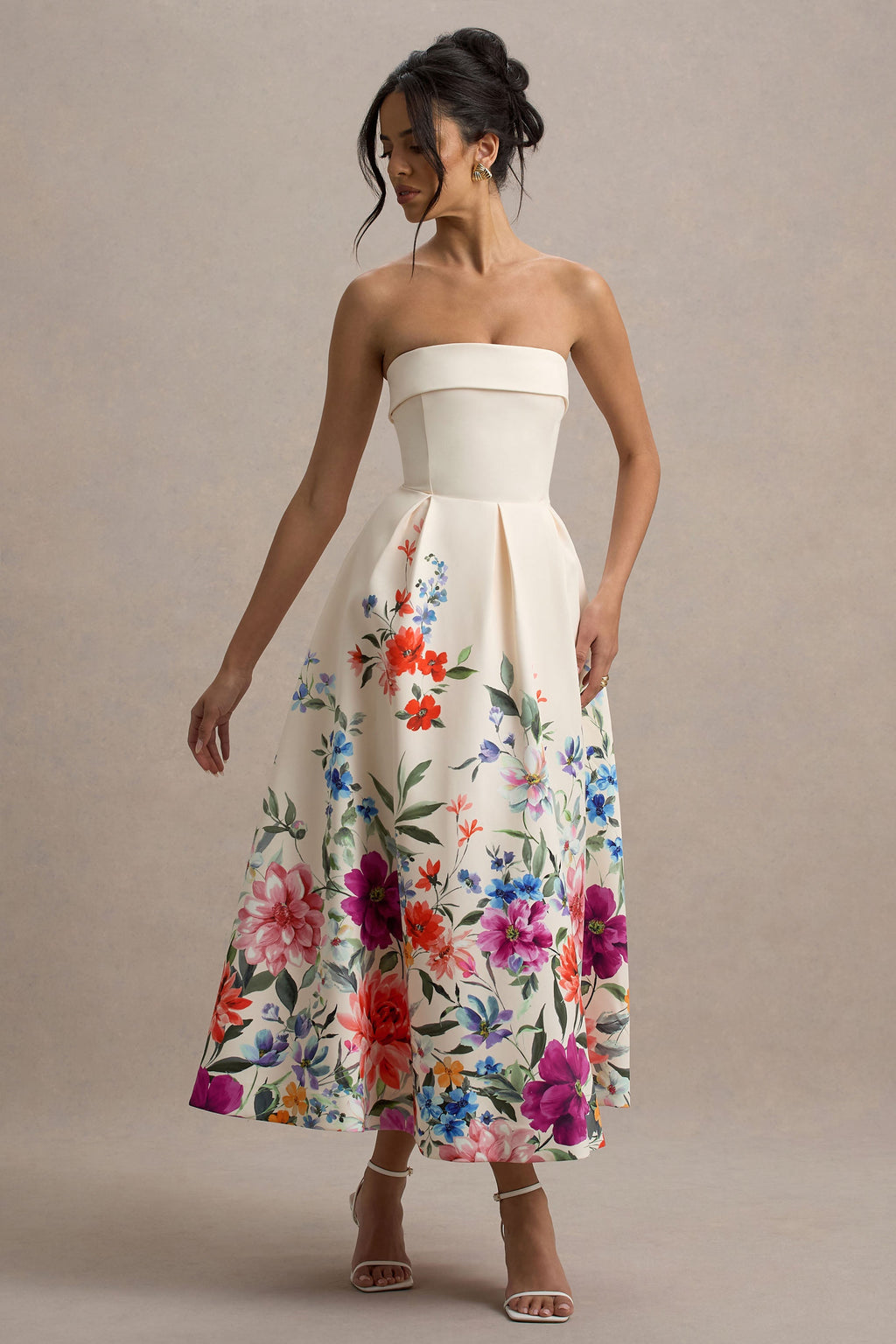 Annalise | Light Pink Floral Print Bandeau Skater Midi Dress