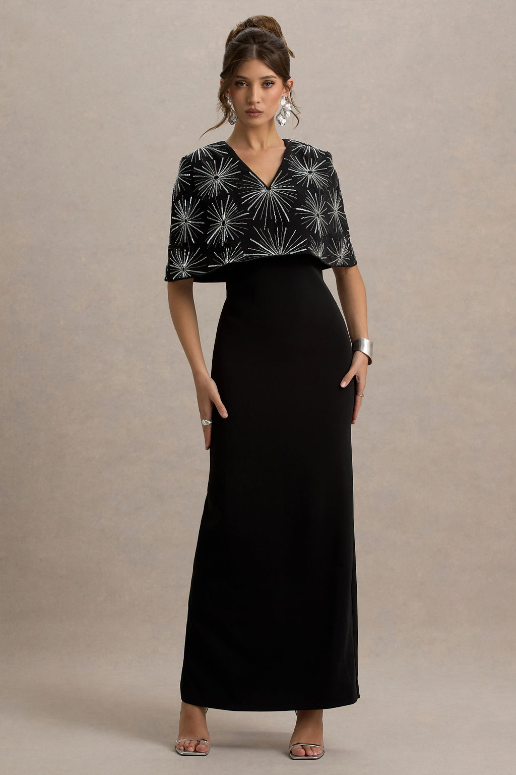 Agnella | Black Embellished V-Neck Maxi Dress