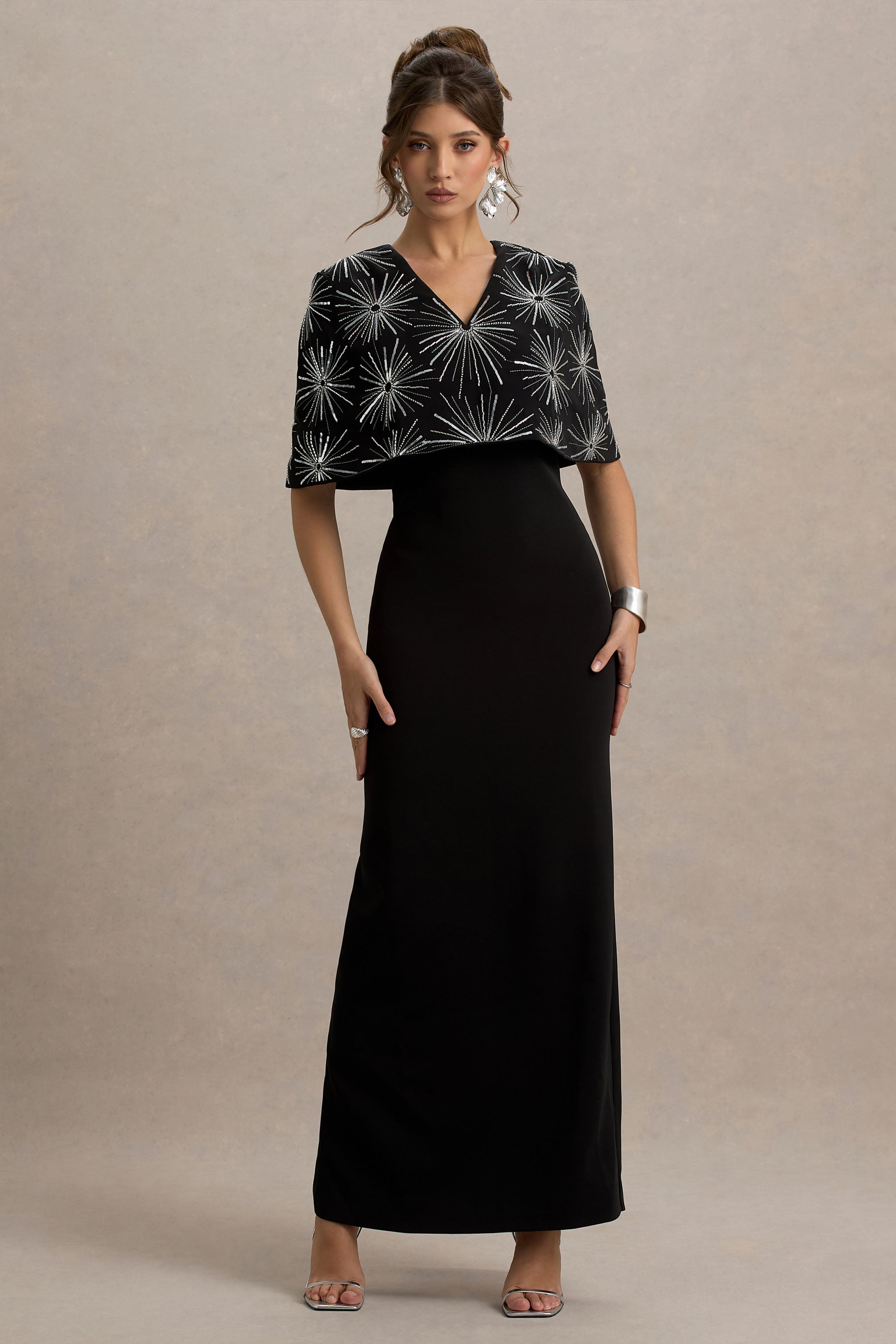 Agnella | Black Embellished V-Neck Maxi Dress