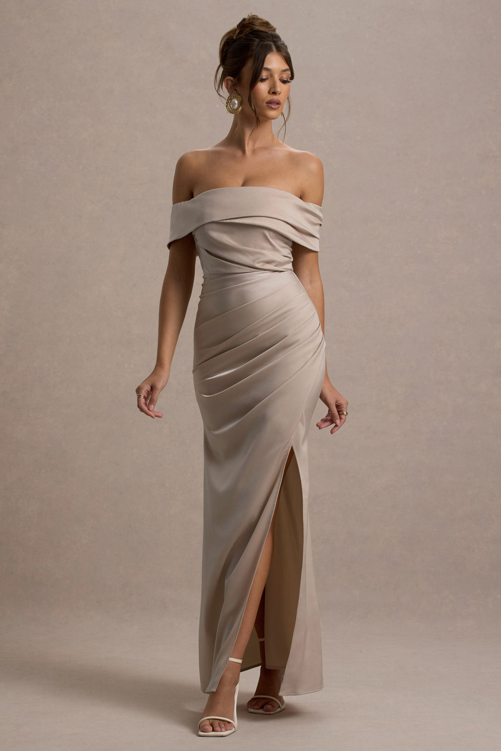Martine | Champagne Satin Bardot Wrap Maxi Dress