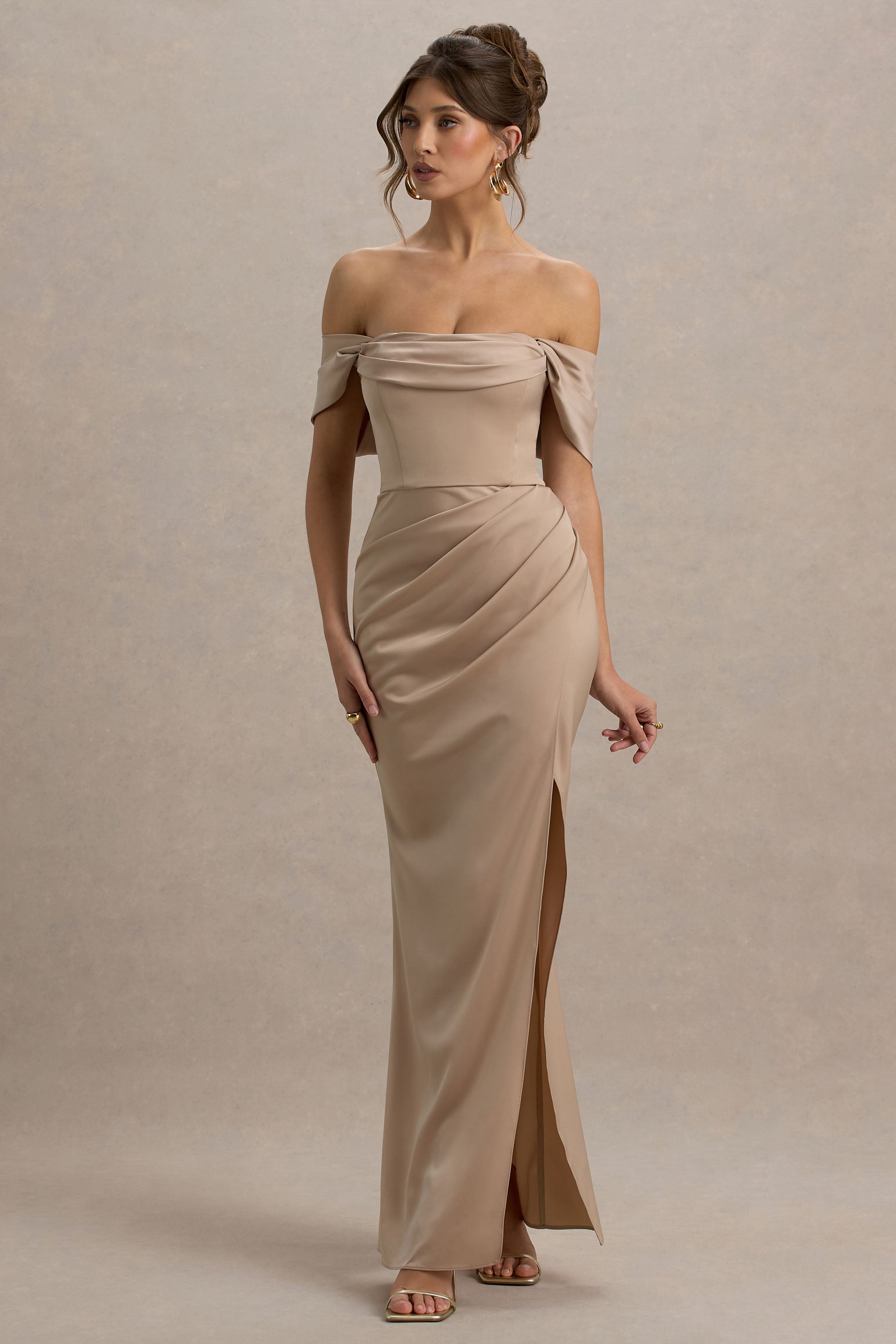 Annie | Champagne Satin Bardot Maxi Dress With Split Wrap Skirt