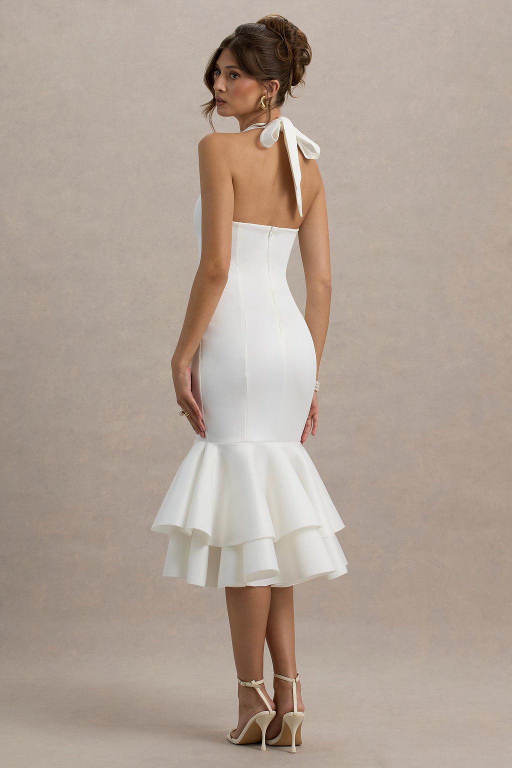 Arla | White Halter Neck Ruffle Trim Midi Dress