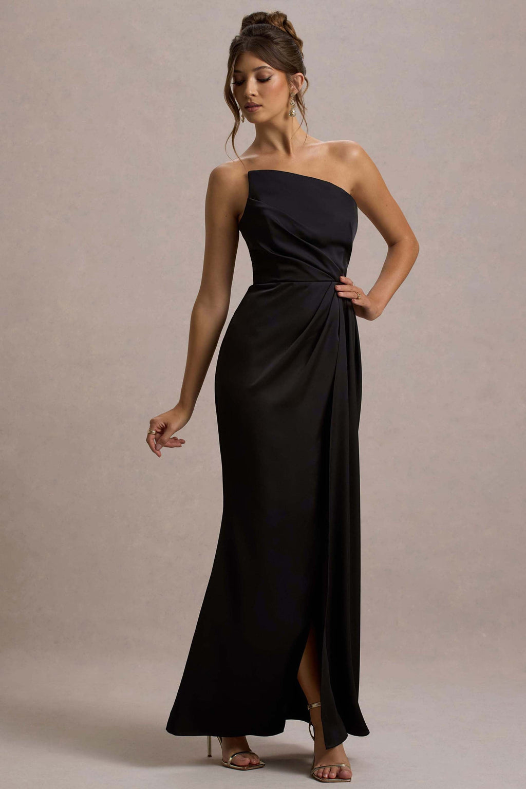 Cairo | Black Satin Strapless Draped Maxi Dress