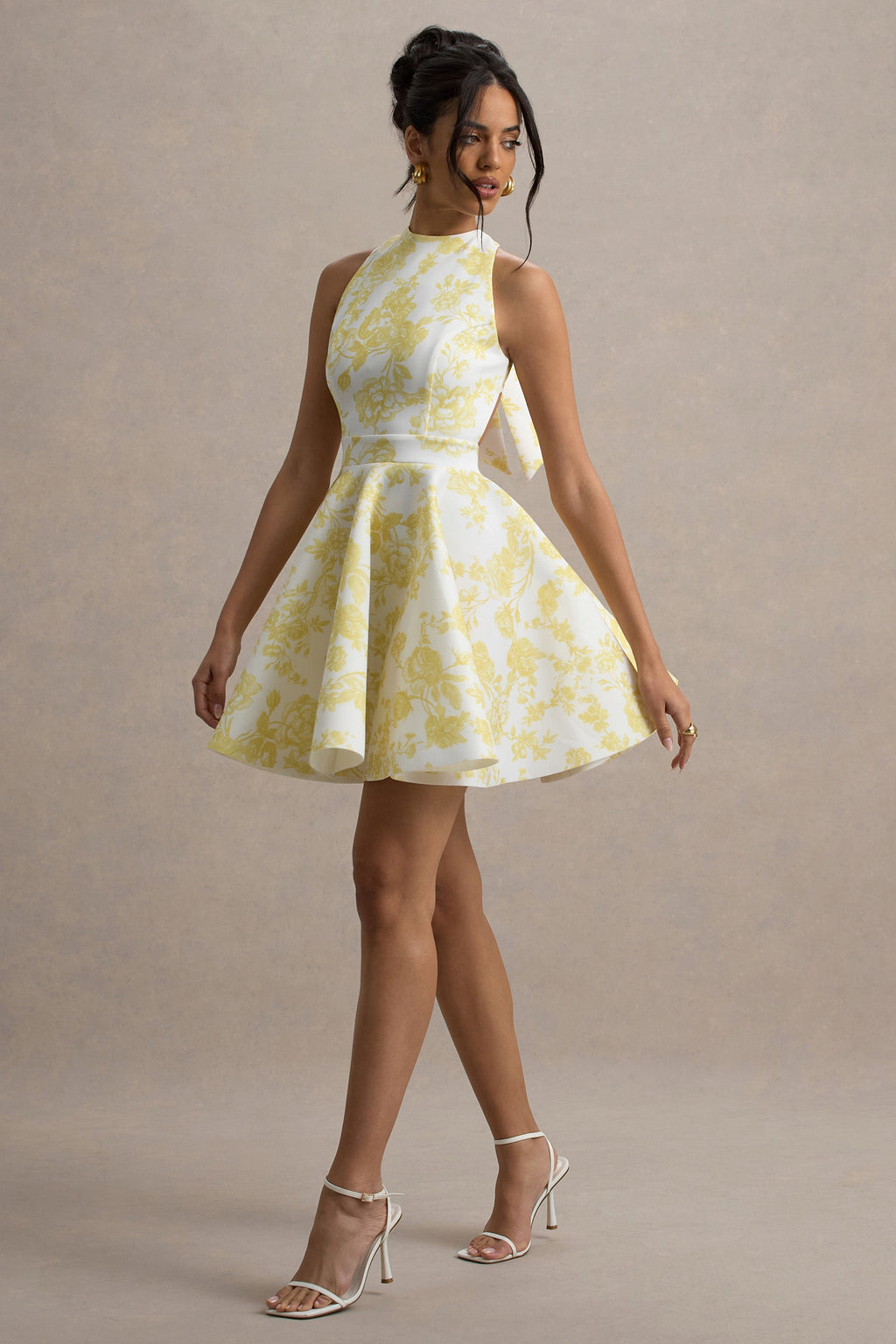 Waverly | Yellow Porcelain Print Racer-Neck Sleeveless Skater Mini Dress