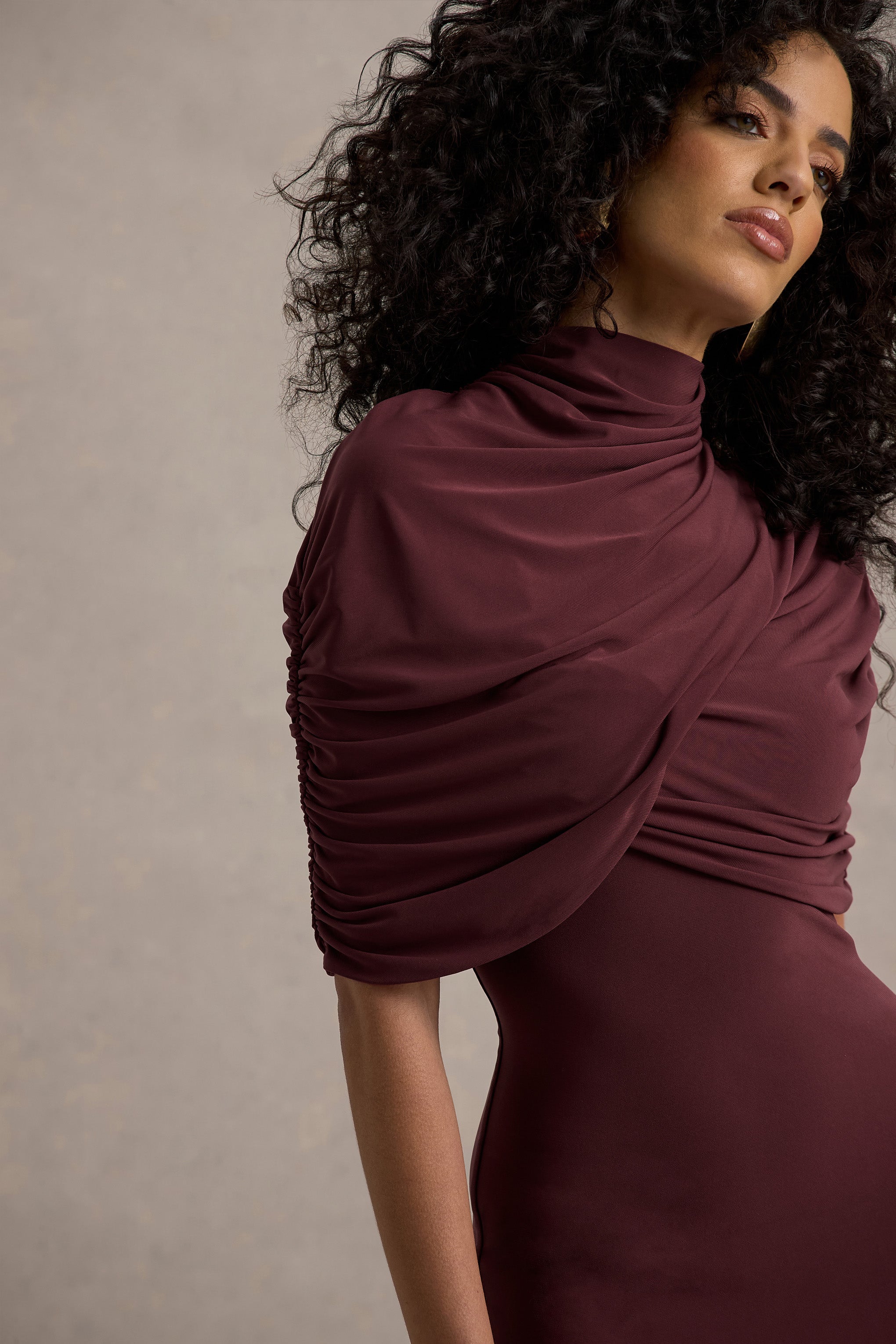 Cleora | Burgundy Twist Cape Maxi Dress