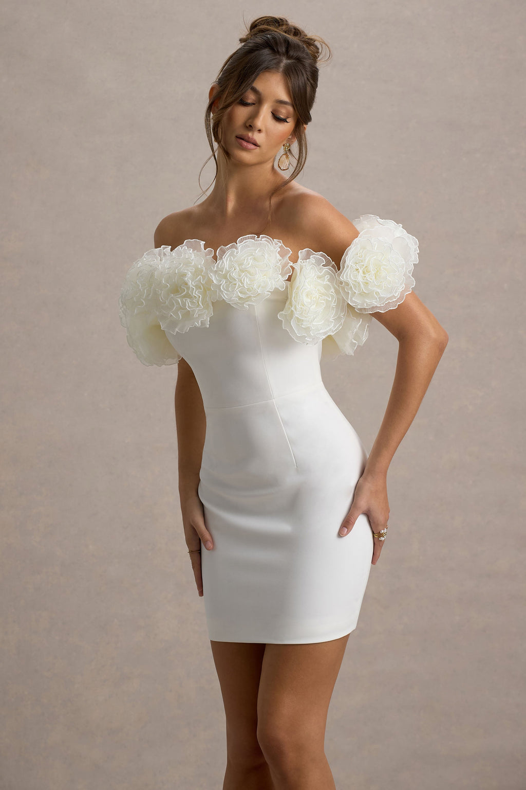 Von | White Bardot Mini Dress With Ruffle Trim