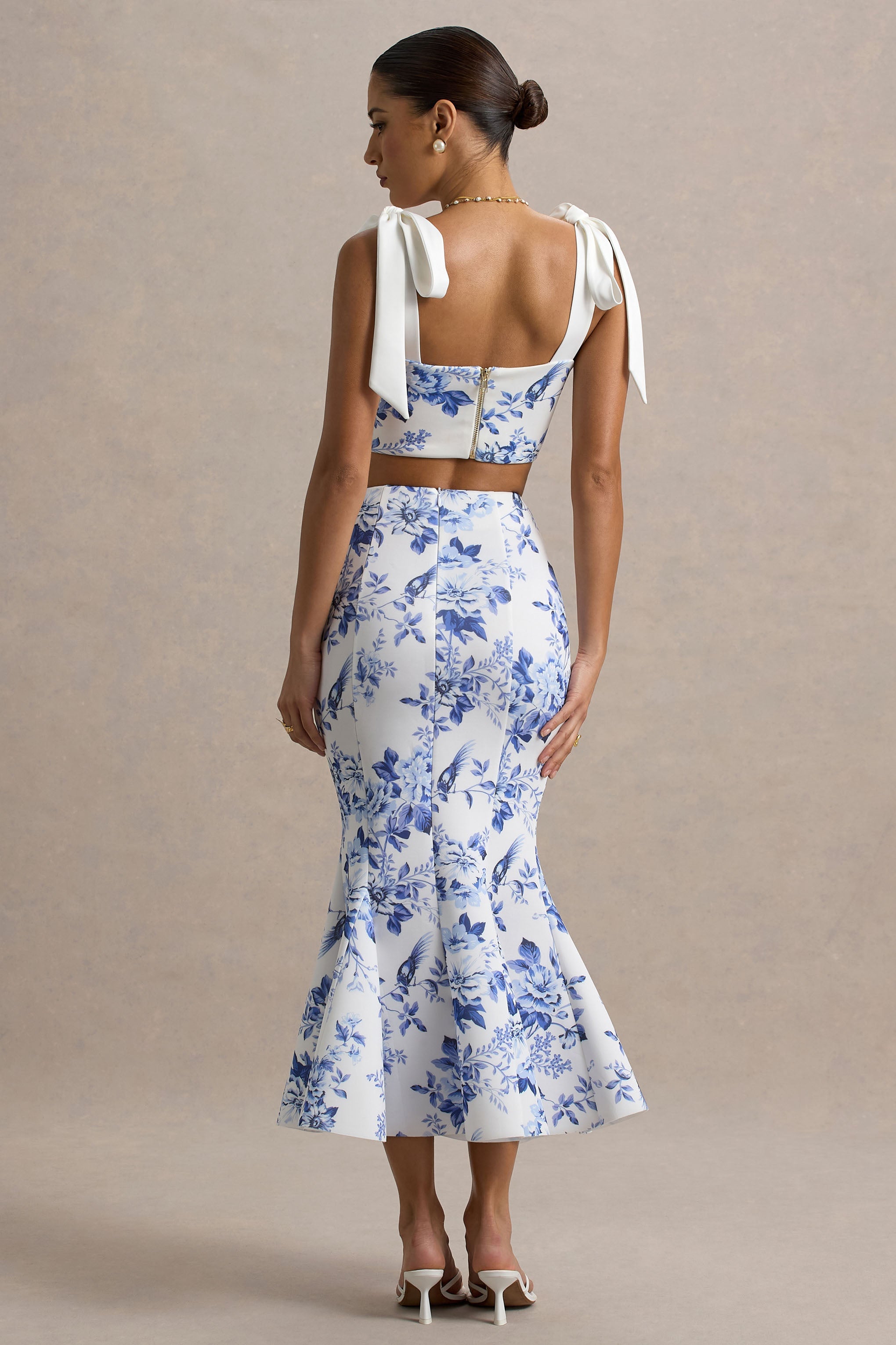 Amadea | Blue Porcelain Print Fishtail Midi Skirt