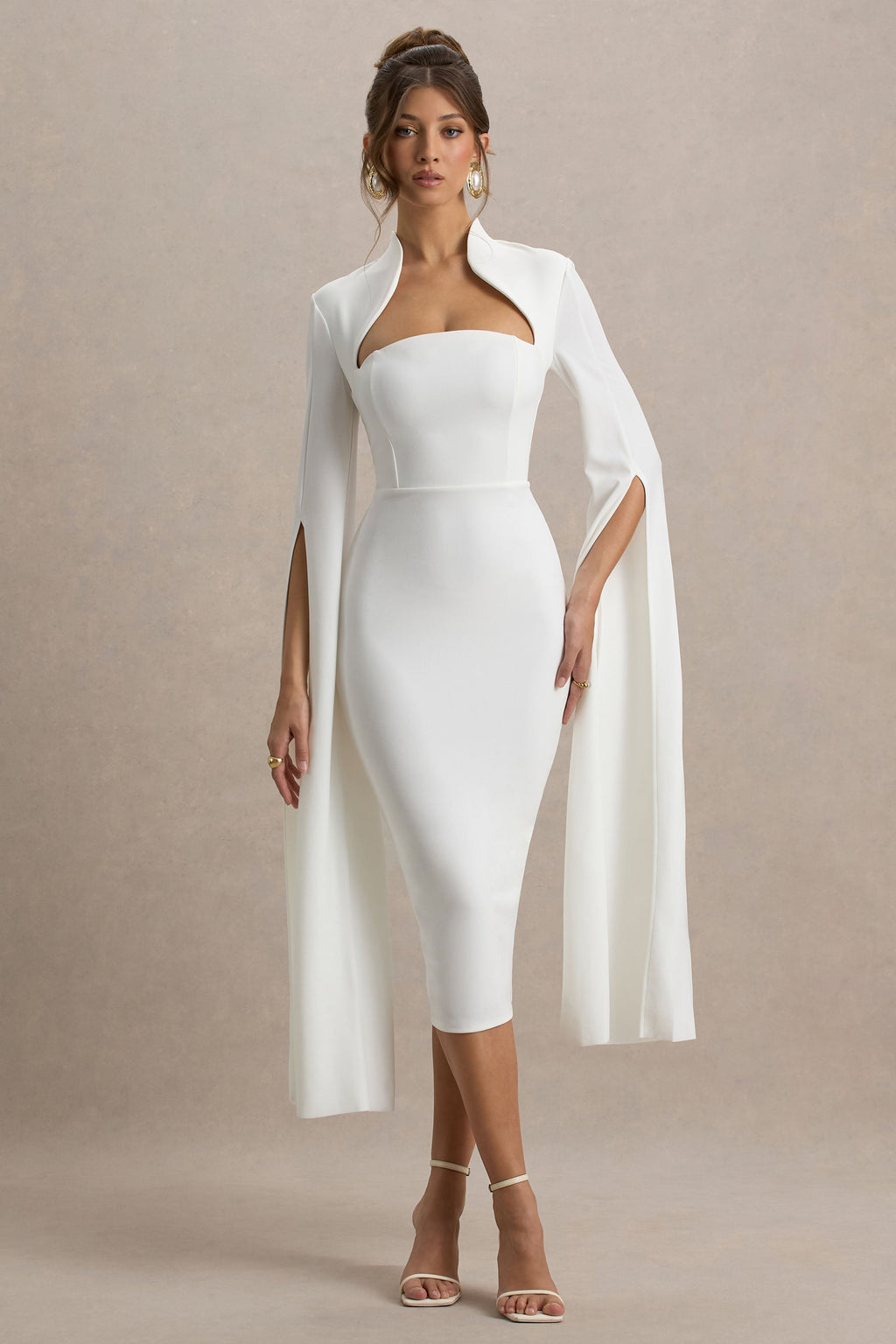 Linden | White Bodycon Cape-Sleeve Midi Dress