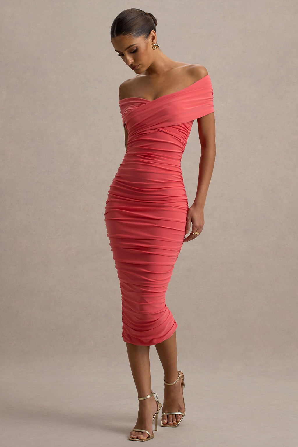 Unwrapped | Coral Ruched Twist Bardot Midi Dress