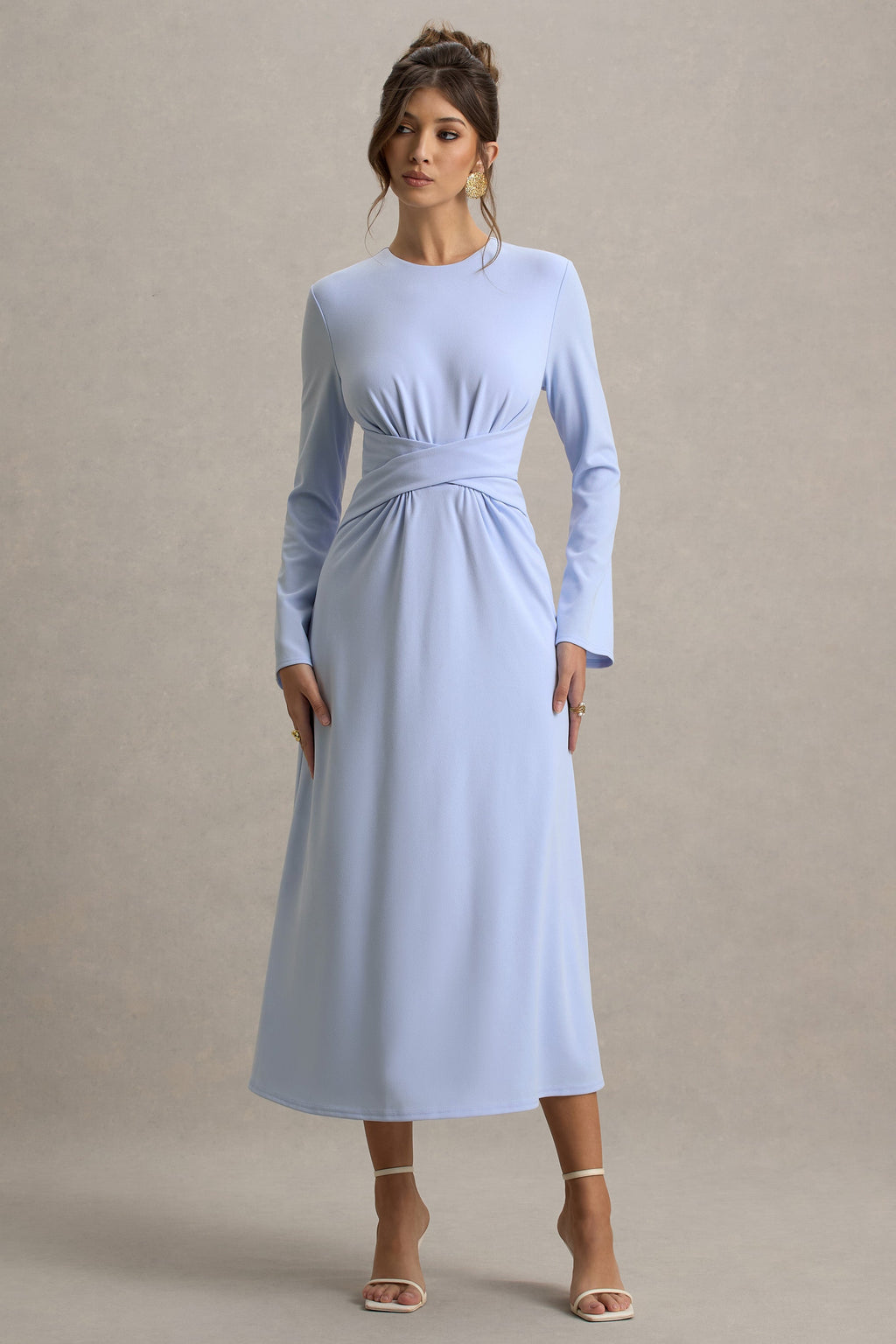 Cassiopeia | Powder Blue Long-Sleeve Midi Dress With Cross Waist