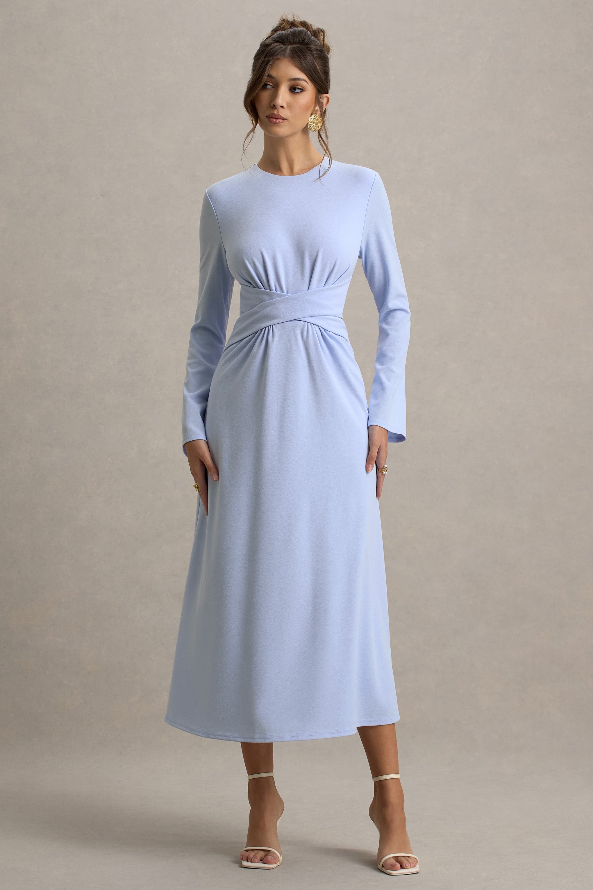 Cassiopeia | Powder Blue Long-Sleeve Midi Dress With Cross Waist