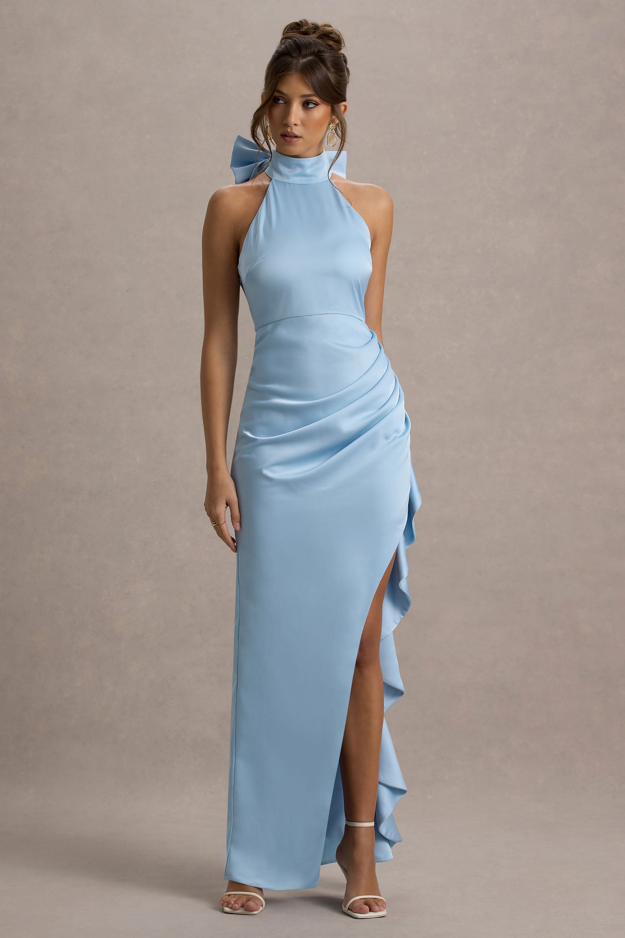 Maureen | Powder Blue Satin High-Neck Draped Maxi Dress