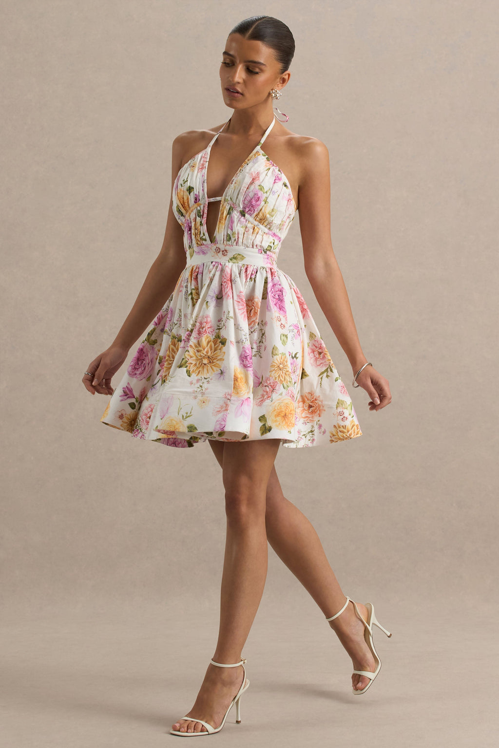 Kasey | Cream Floral Print Halter-Neck Mini Dress With Ruffle Detail