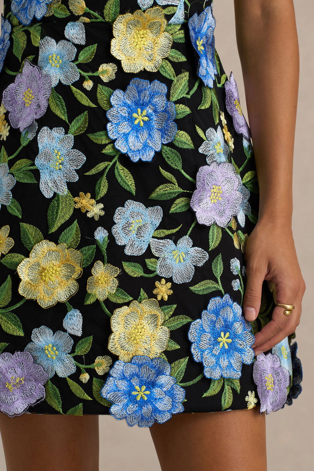 Aisha | Black Floral Embellished Square-Neck Mini Dress