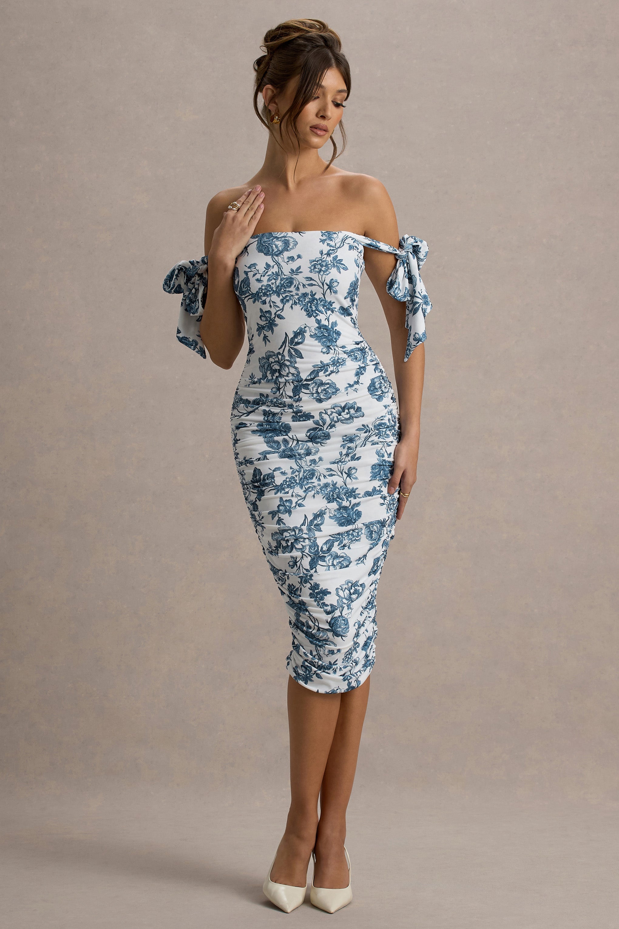 Citrus | Blue Porcelain Print Bardot Bodycon Midi Dress With Bow Sleeves