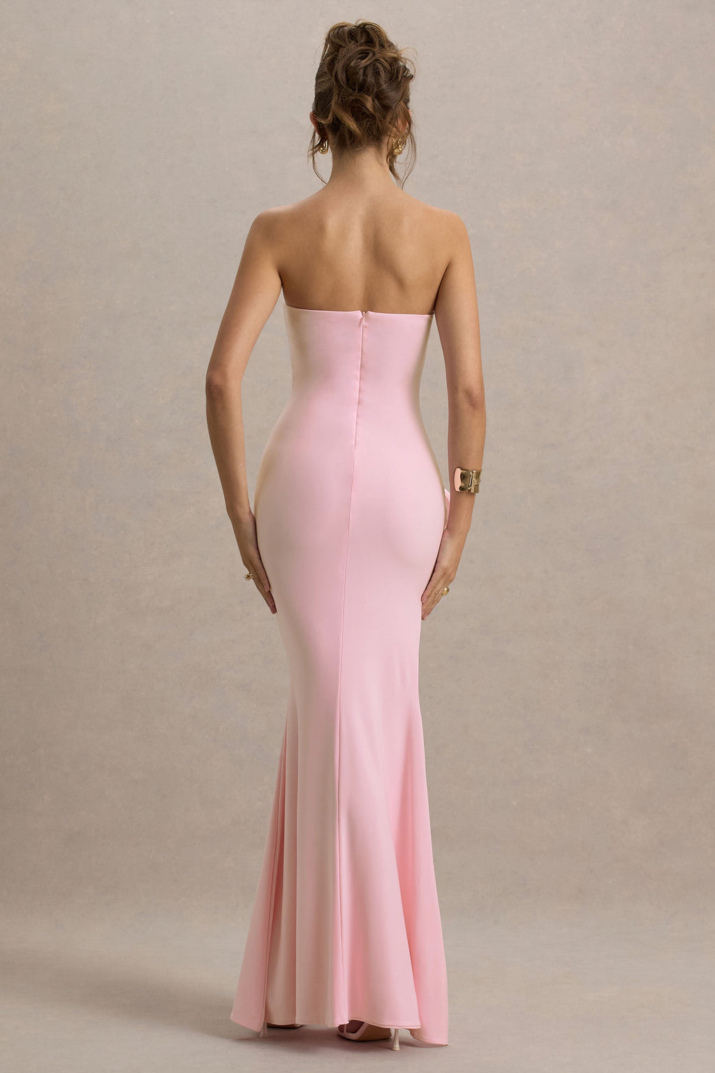 My Muse | Pink Ruched Bandeau Split Maxi Dress With Flowers