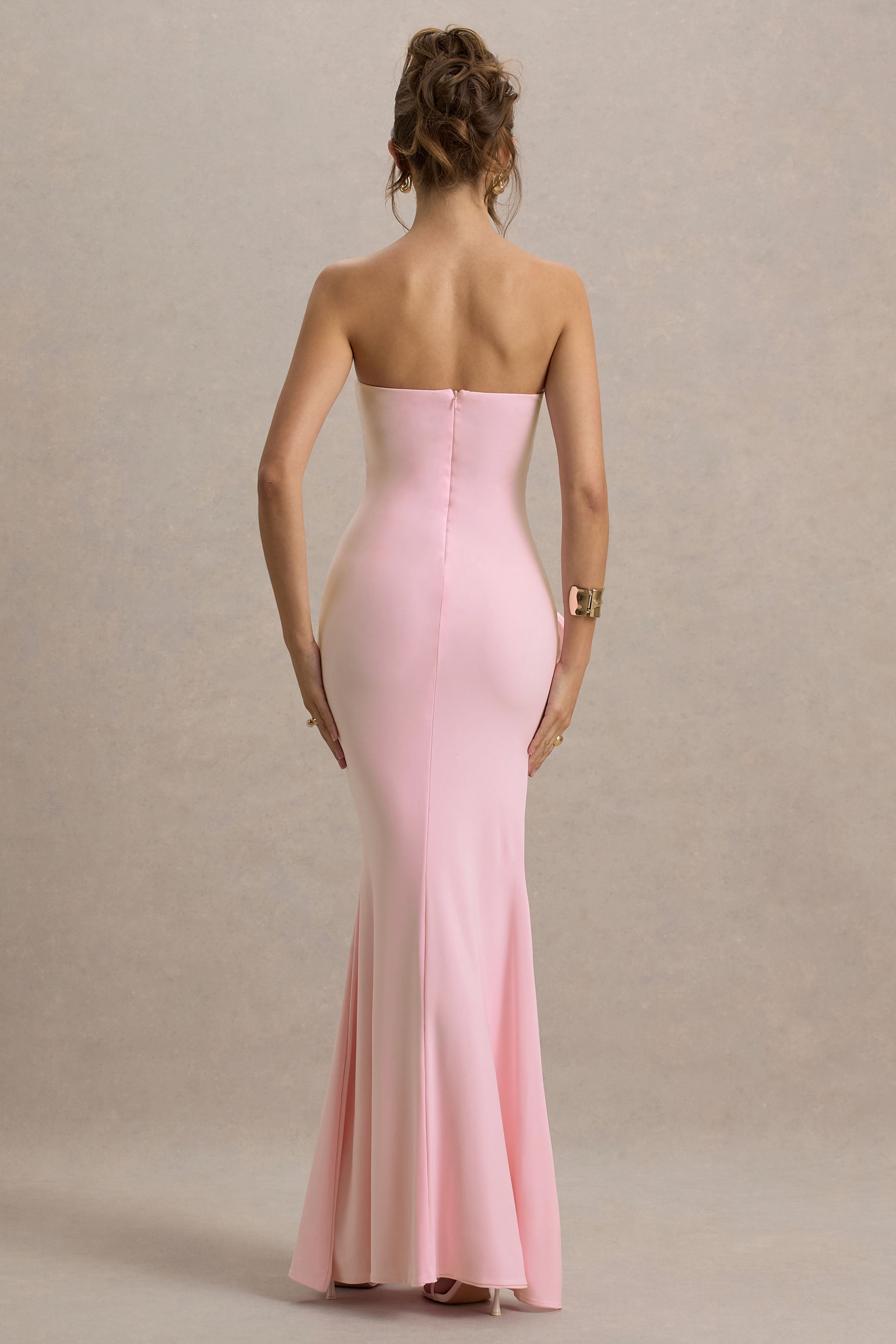 My Muse | Pink Ruched Bandeau Split Maxi Dress With Flowers