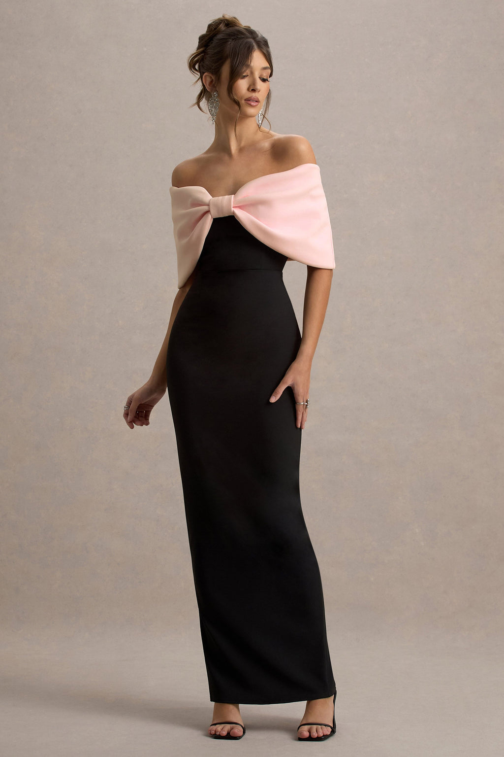 Cornelia | Pink & Black Strapless Maxi Dress With Oversized Bow