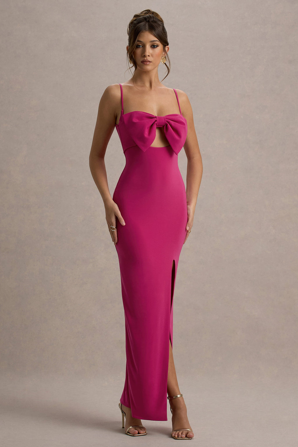 Emmalou | Hot Pink Strappy Split Maxi Dress With Bow