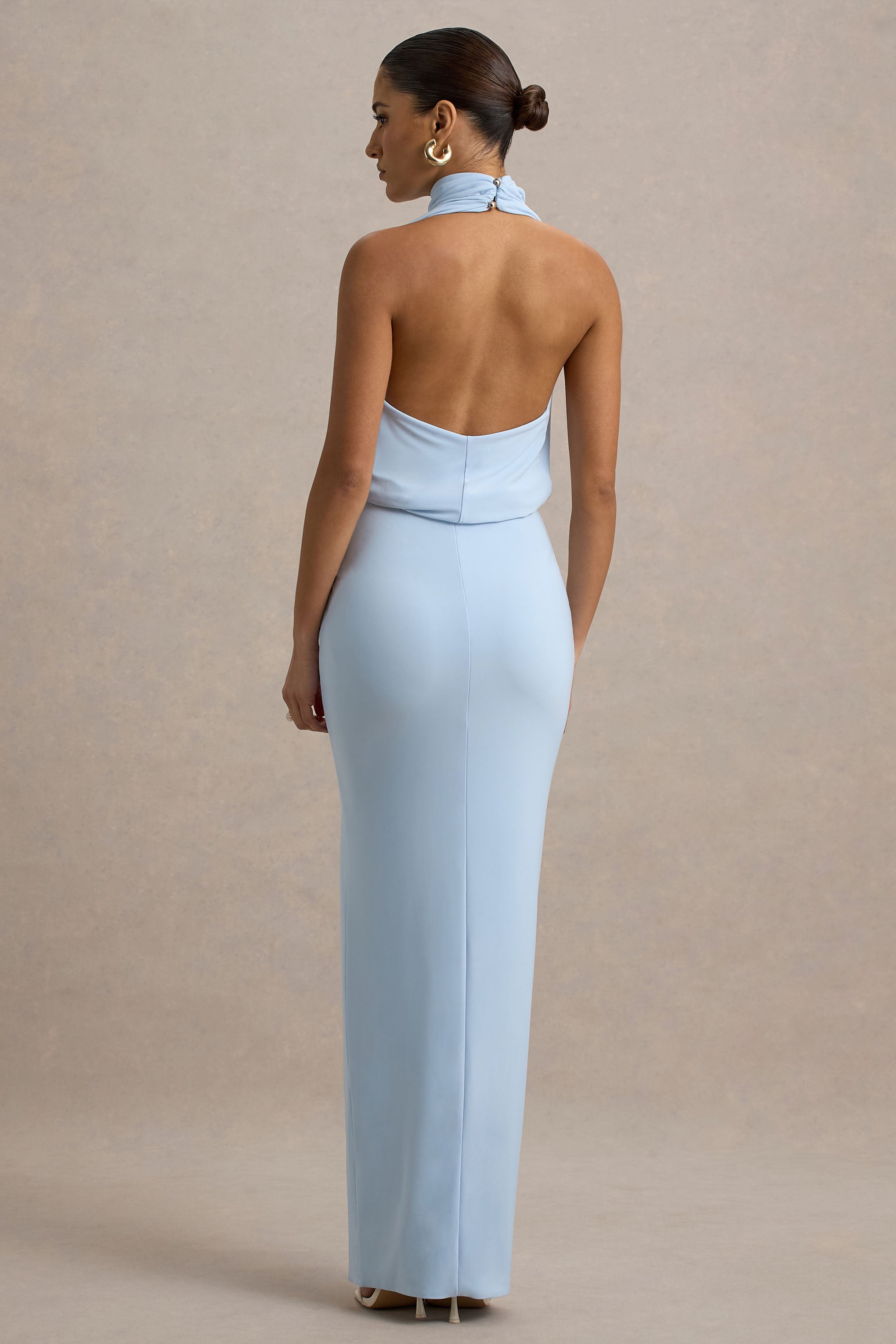 Hayden | Blue High-Neck Draped Split Maxi Dress