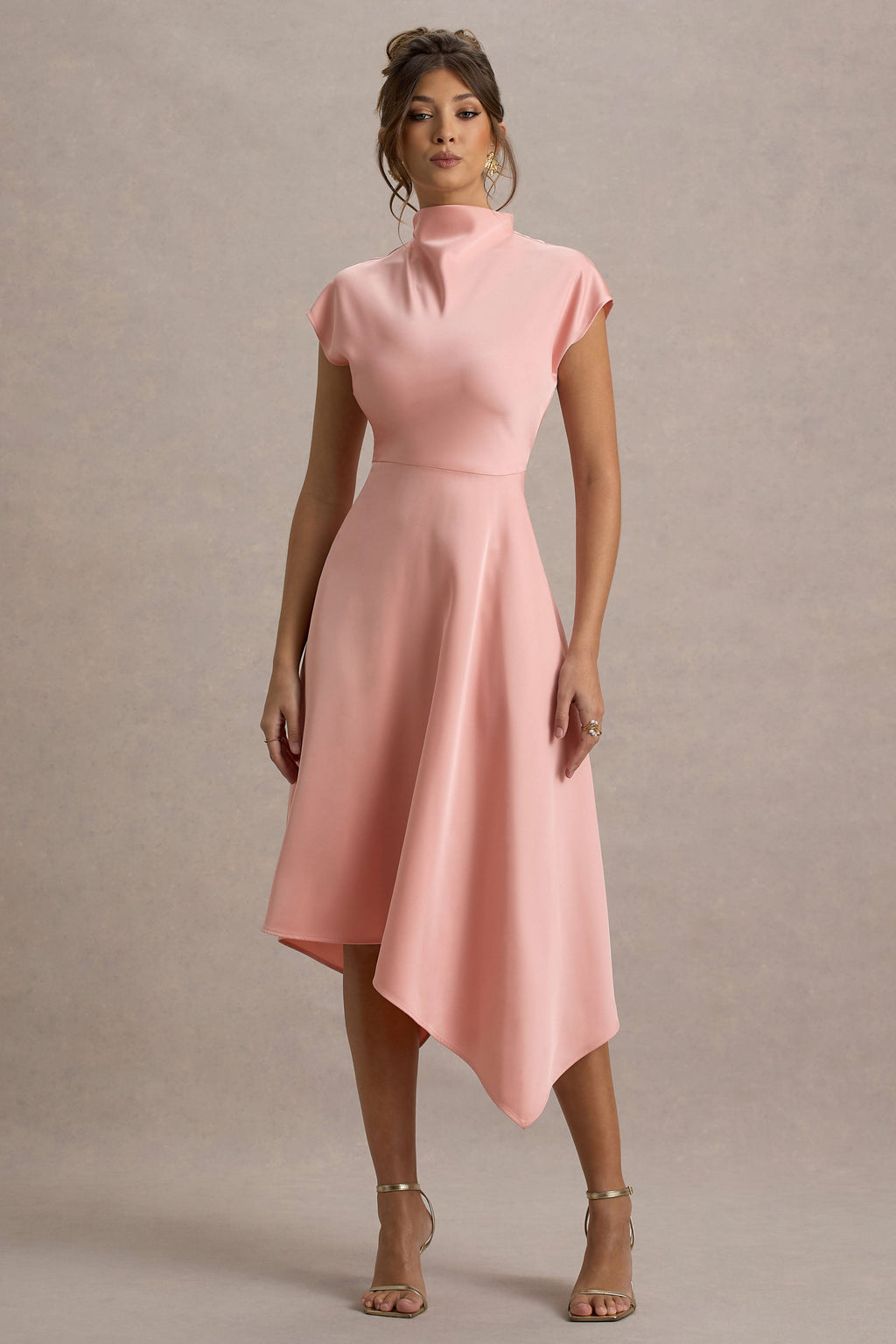 Velma | Light Pink Satin Midi Dress With Draped Hem