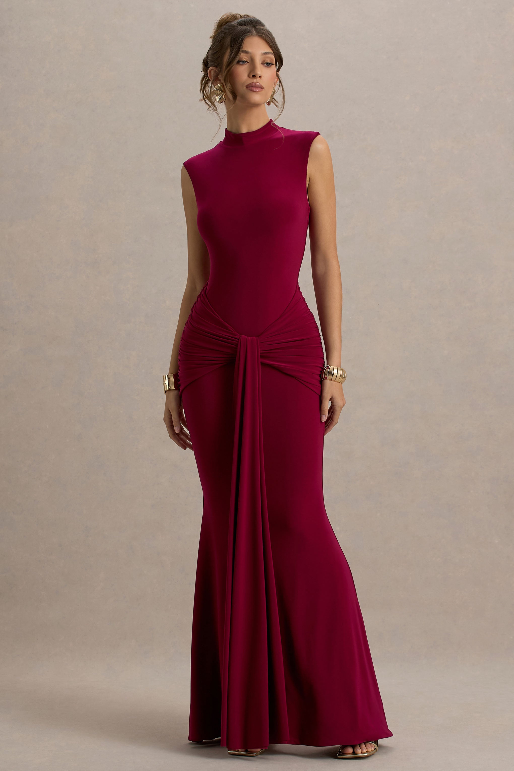 Graziana | Dark Cherry High-Neck Gathered Draped Maxi Dress
