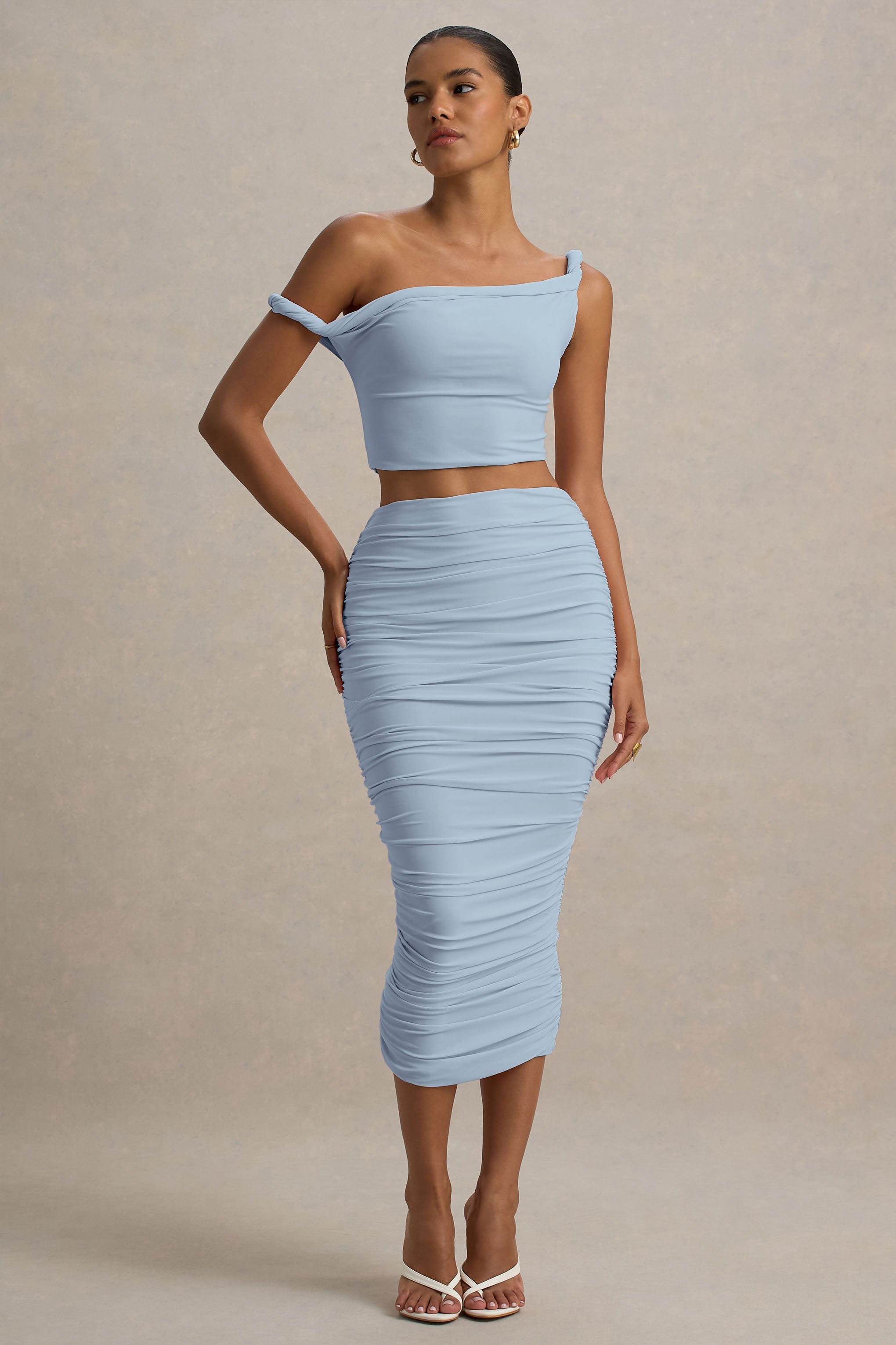 Lively | Powder Blue Ruched Midi Skirt