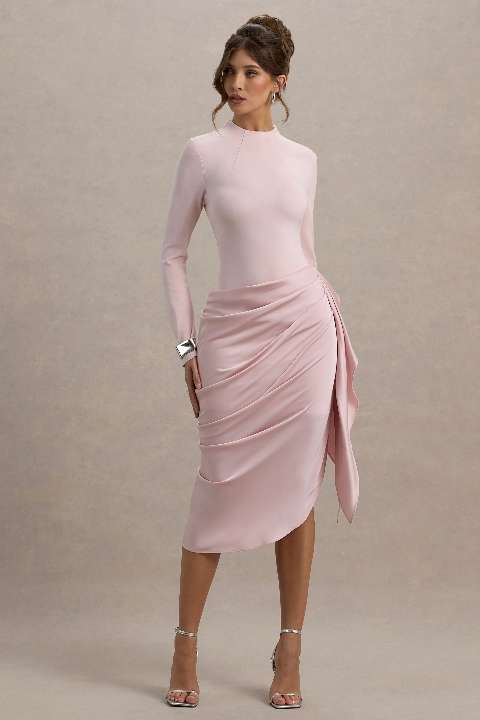 Raffie | Pink Long-Sleeve Midi Dress With Satin Wrap Skirt