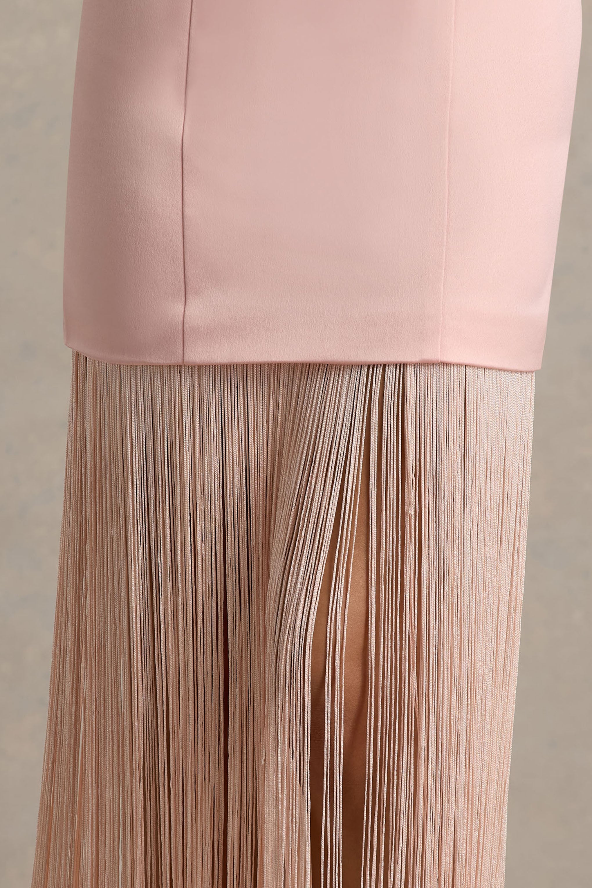 Trinity | Blush Pink Satin Bandeau Maxi Dress With Fringe