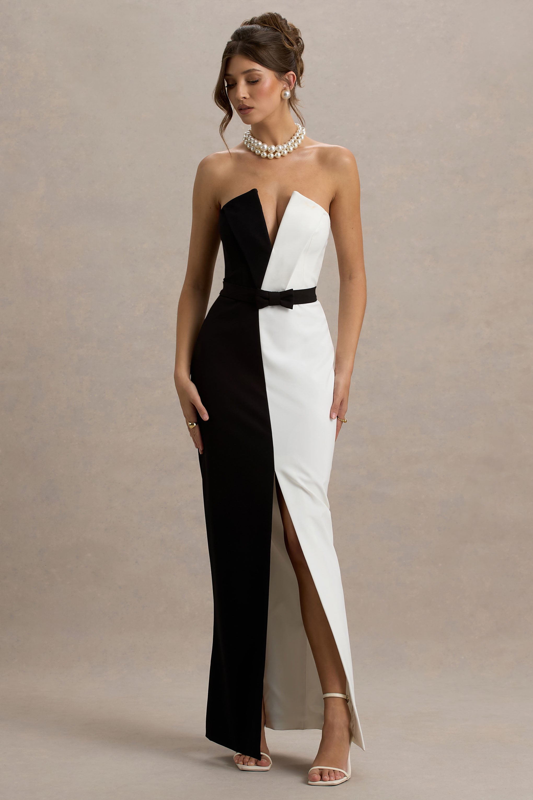 Beatrice | Black & White Plunge Bandeau Maxi Dress With High-Leg Split