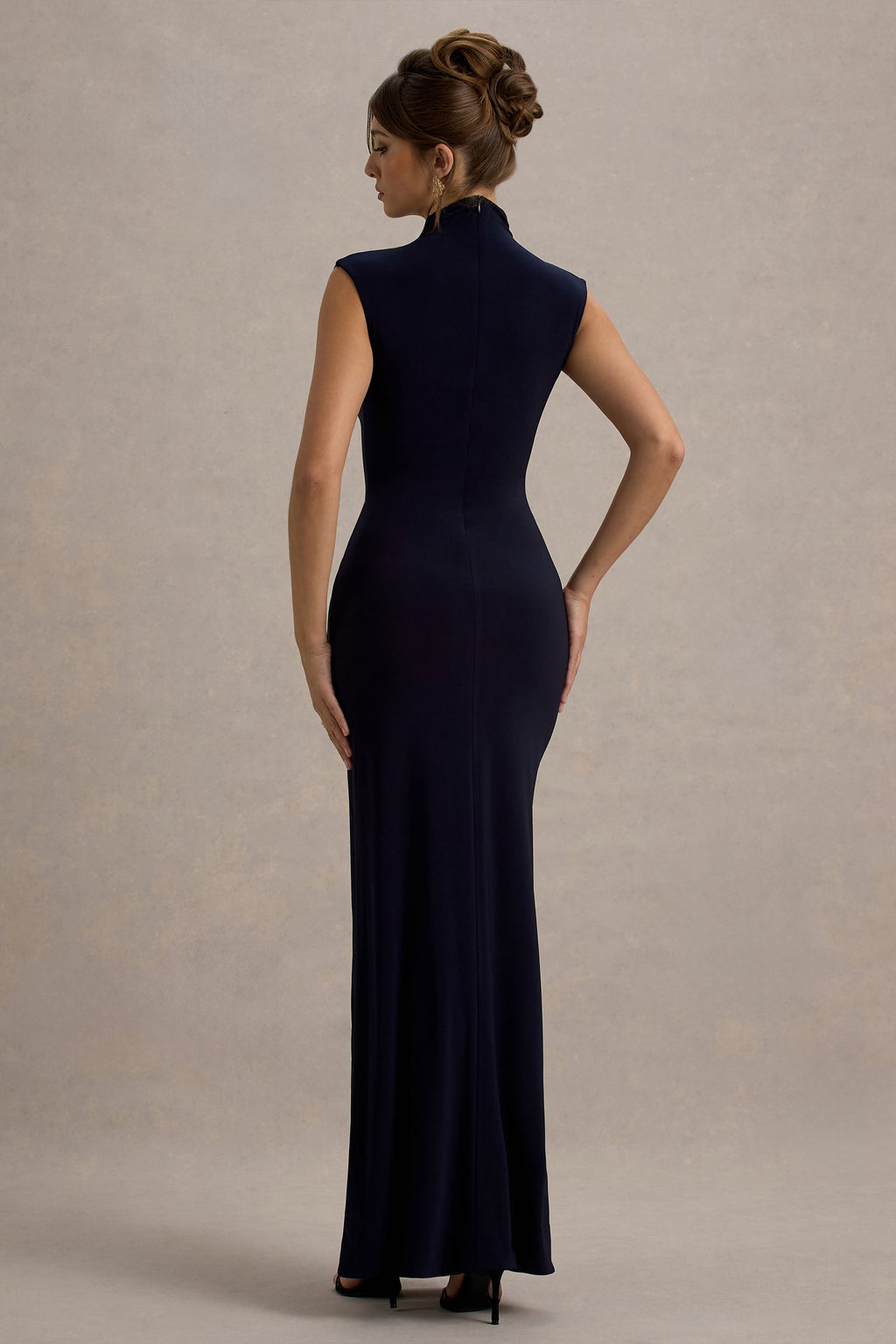Lanetta | Navy Ruched High-Neck Maxi Dress With Split