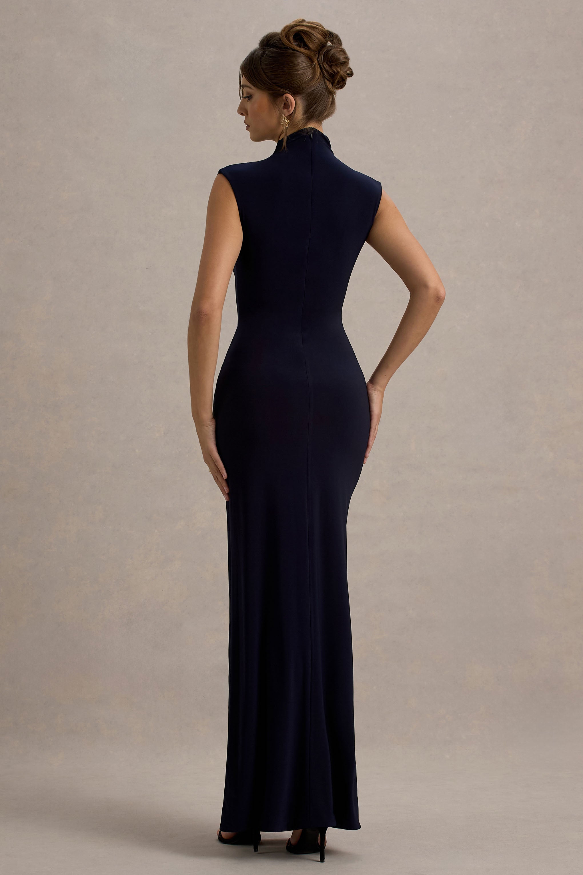 Lanetta | Navy Ruched High-Neck Maxi Dress With Split