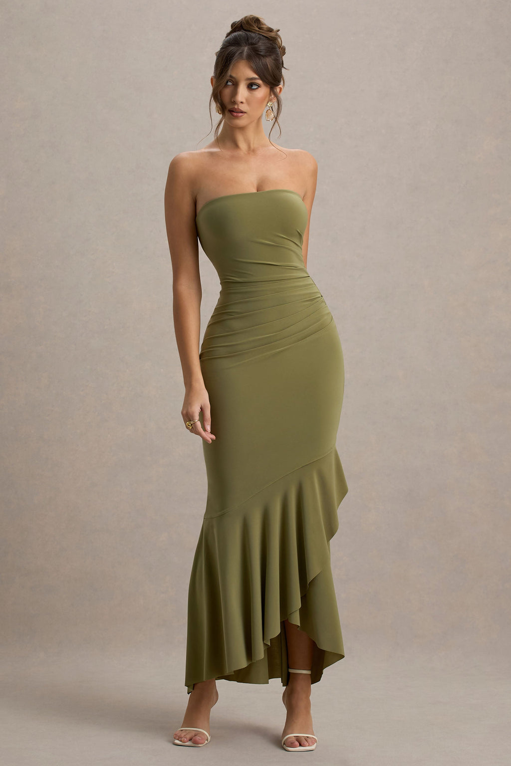 Capria | Olive Green Bandeau Wrap Maxi Dress