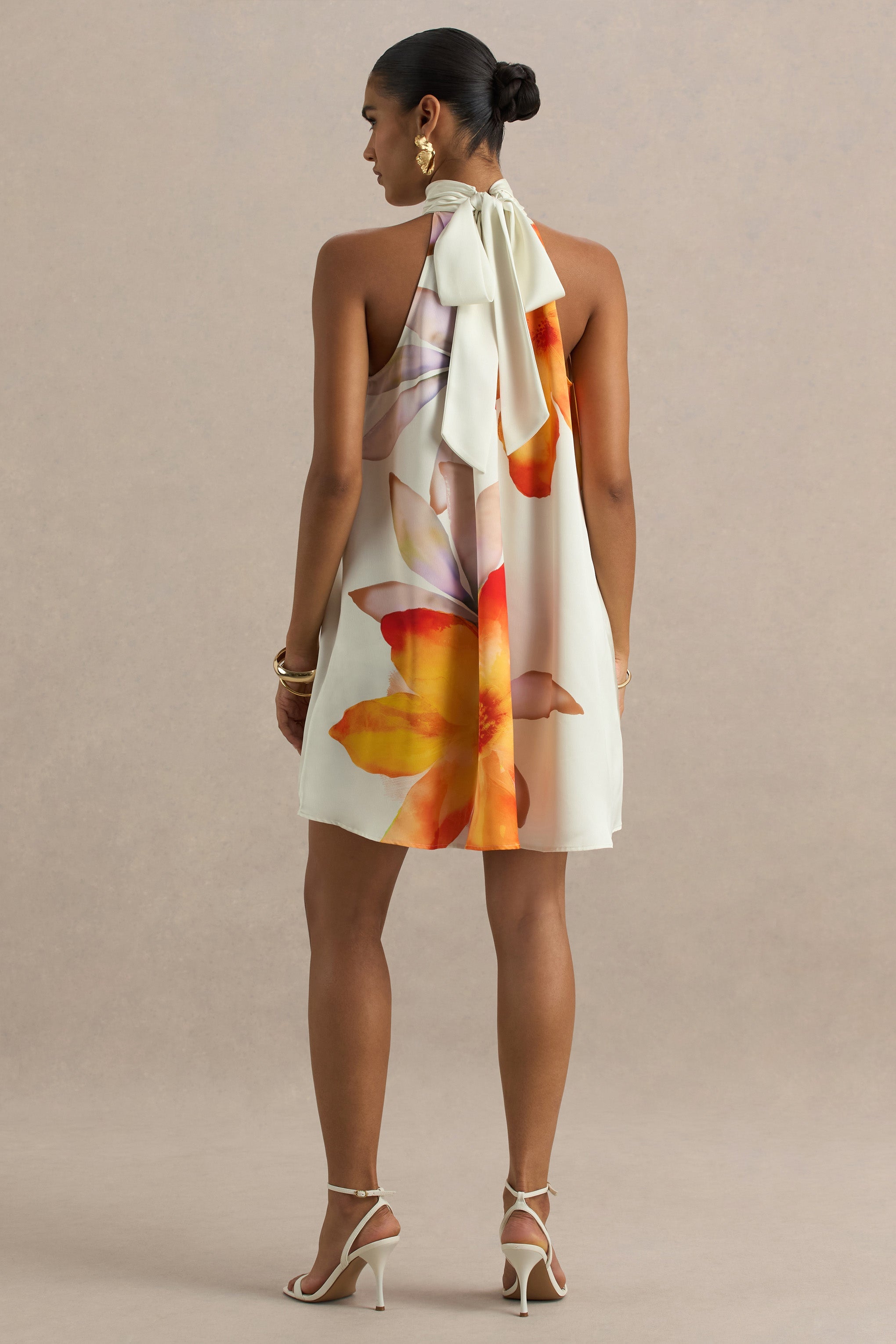 Evita | Orange Floral High-Neck Satin Mini Dress