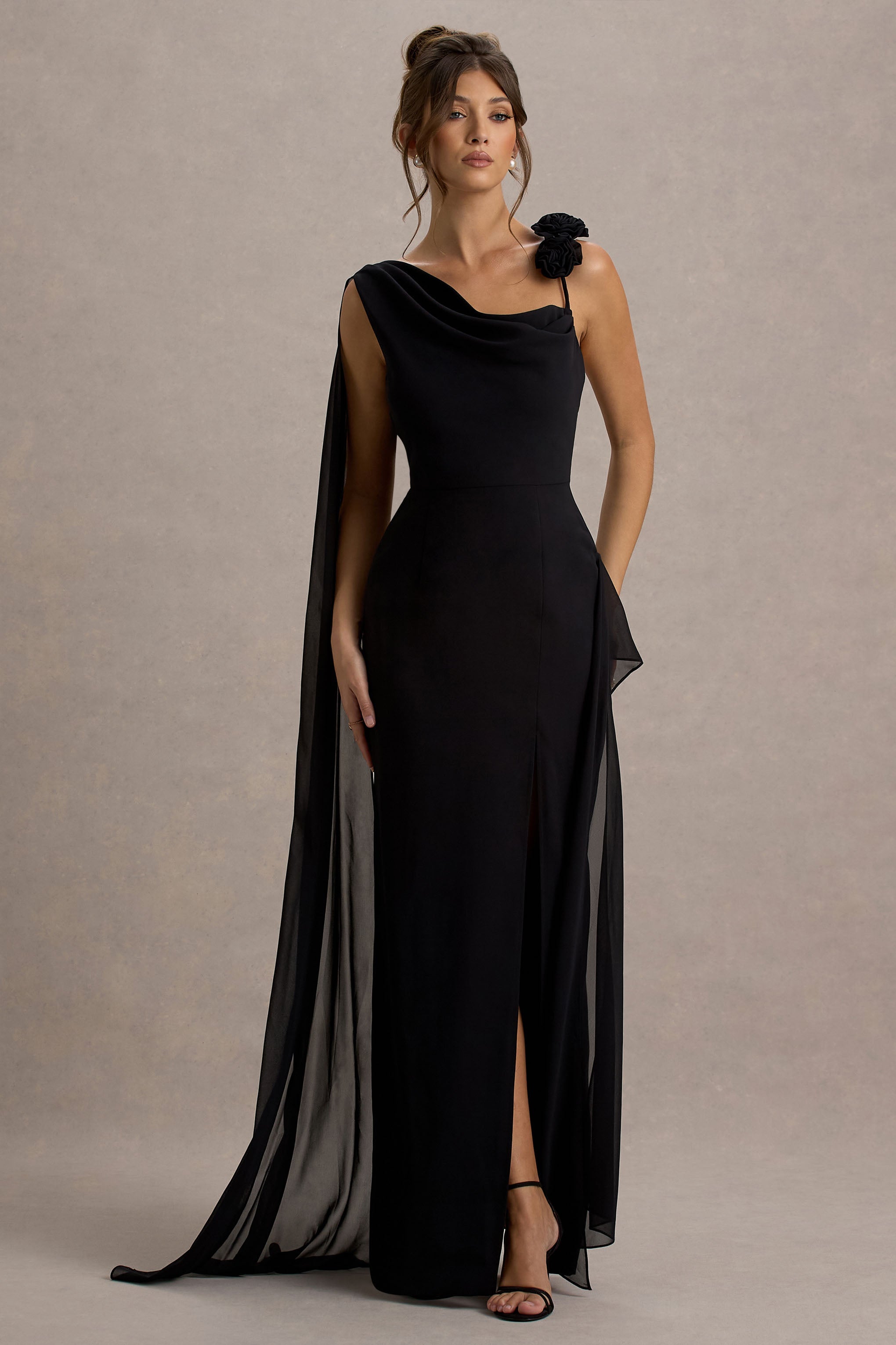 Angeline | Black Chiffon Draped Split Maxi Dress With Corsages