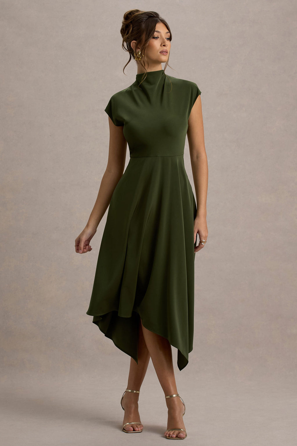 Velma | Olive Satin Midi Dress With Draped Hem