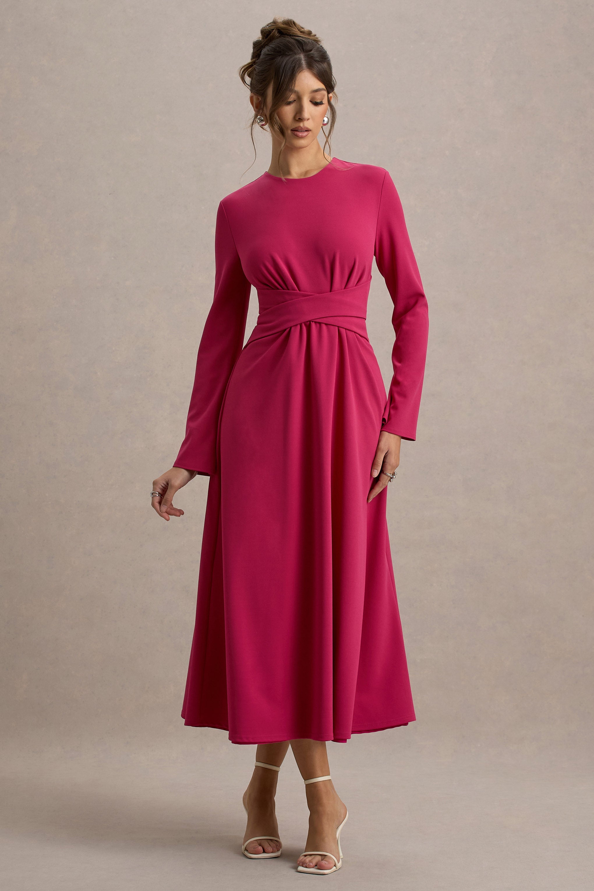 Cassiopeia | Hot Pink Long-Sleeve Midi Dress With Cross Waist