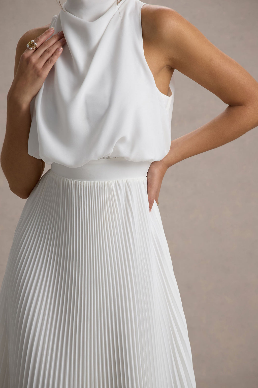 Nila | White Cowl-Neck Midi Dress With Plisse Skirt