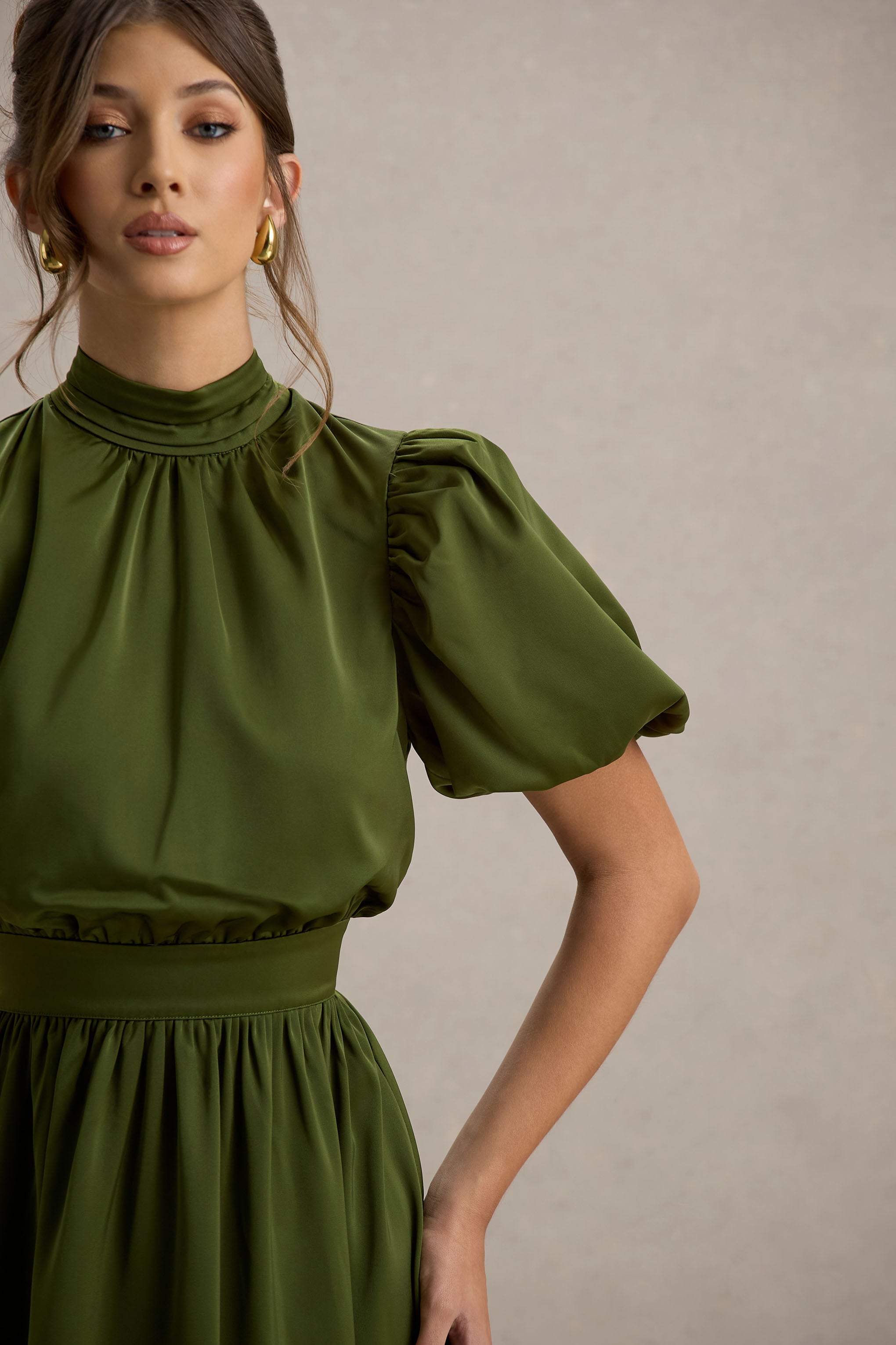 Persea | Olive Satin Puff-Sleeve Midi Dress With Bow