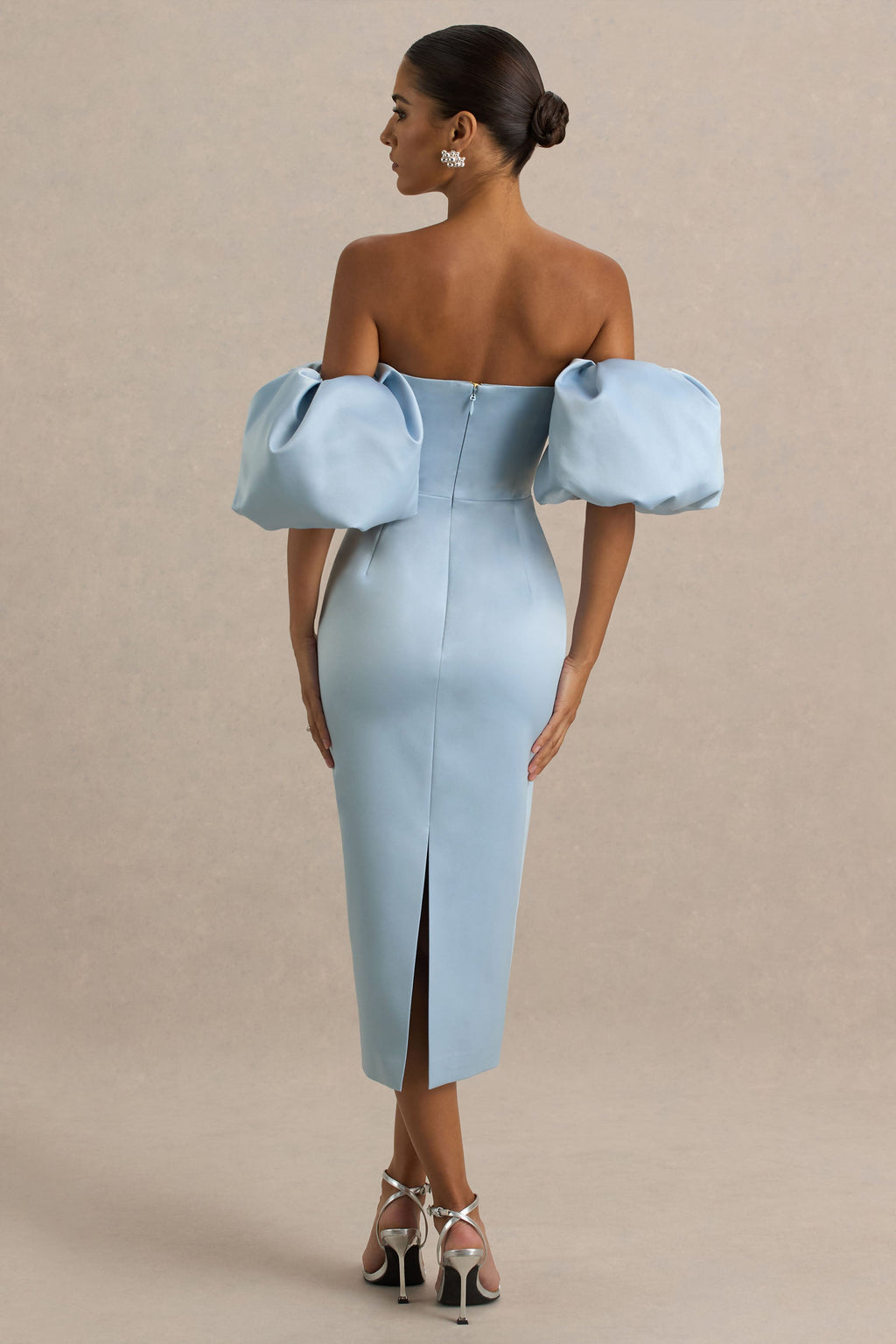 Imogen | Powder Blue Satin Short-Sleeve Bardot Midi Dress With Ruffle Detail