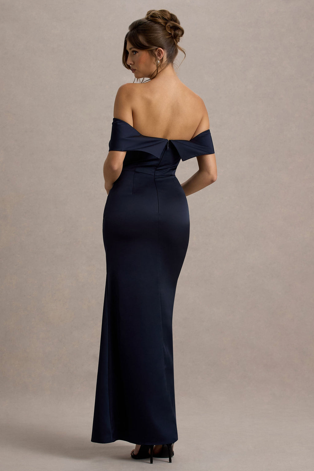 Martine | Navy Satin Bardot Wrap Maxi Dress