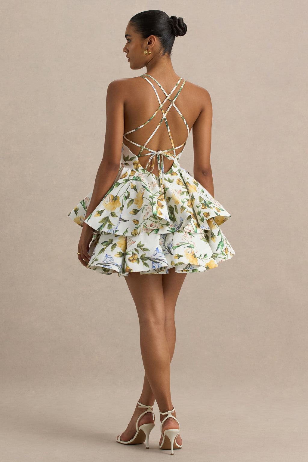 Flavia | White Botanical Print Linen Plunge-Neck Ruffled Skater Micro-Mini Dress