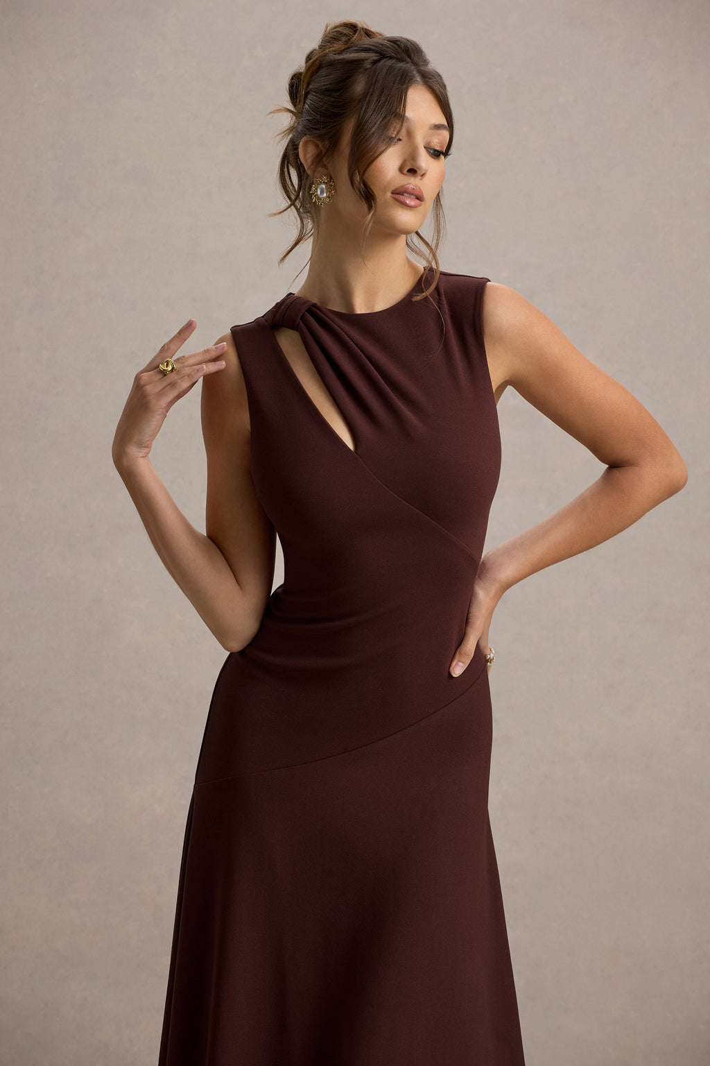 Francesca | Brown Knotted Midi Dress With Handkerchief Hem