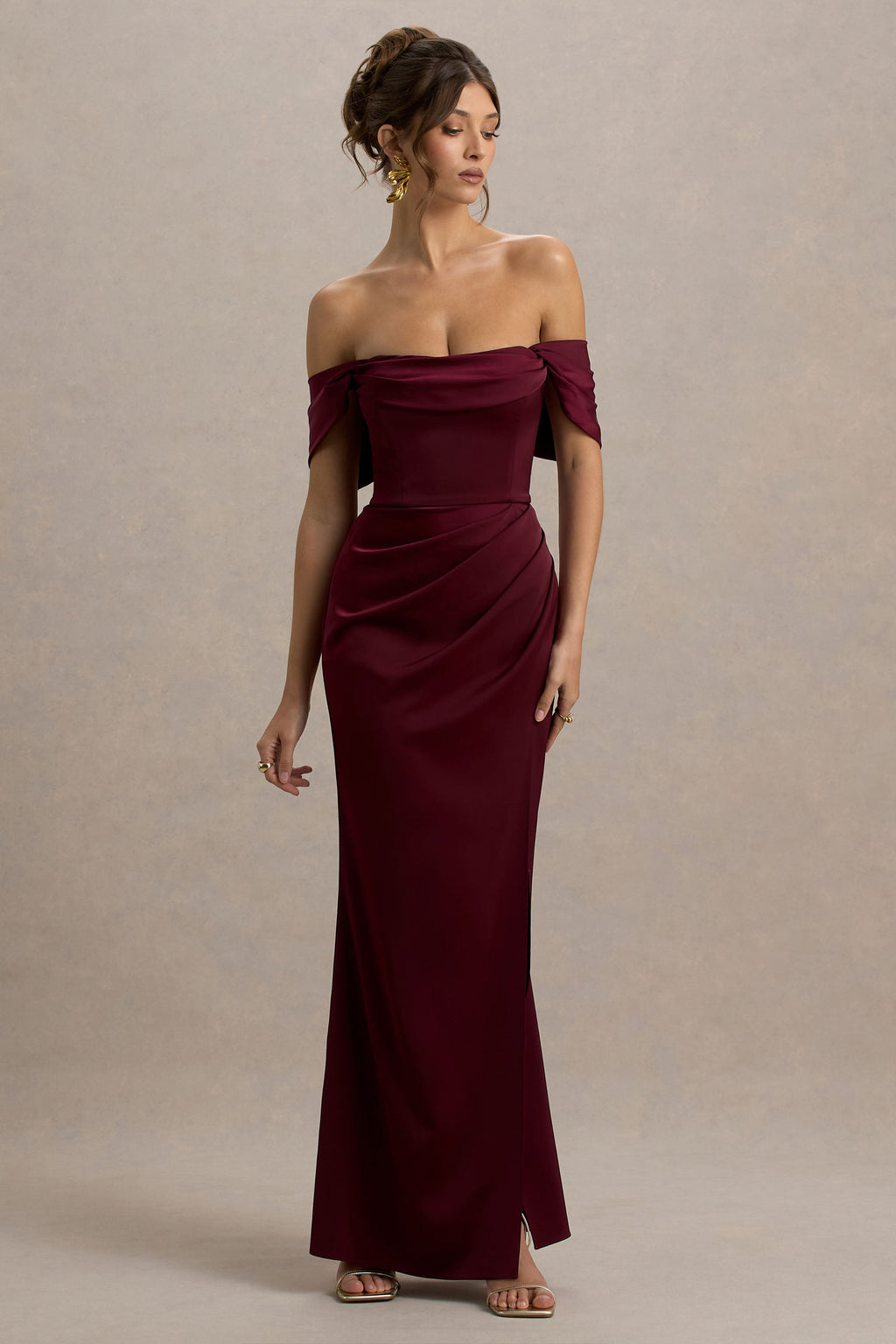 Annie | Burgundy Satin Bardot Maxi Dress With Split Wrap Skirt