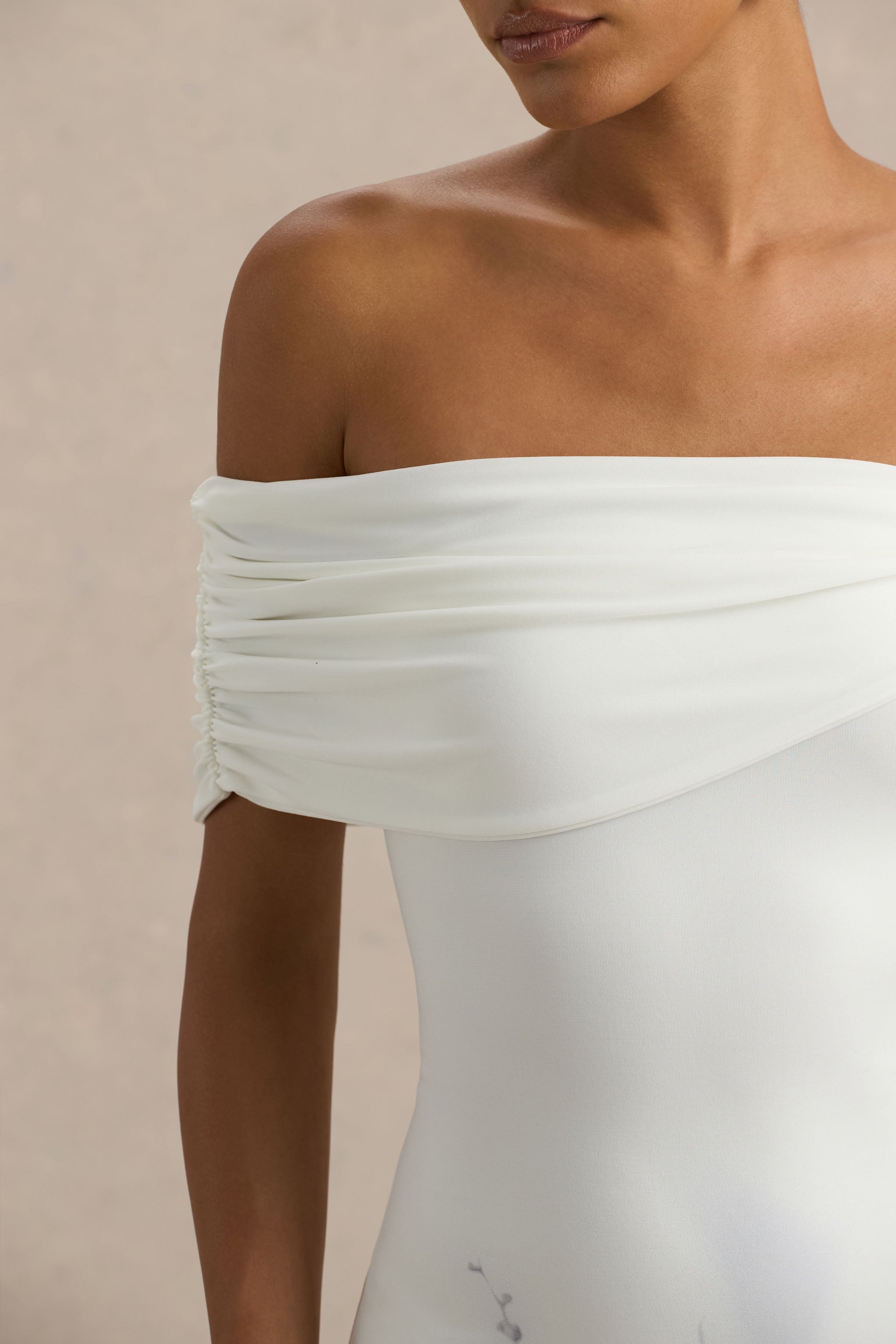 Sachi | White Print Twisted Bardot Maxi Dress