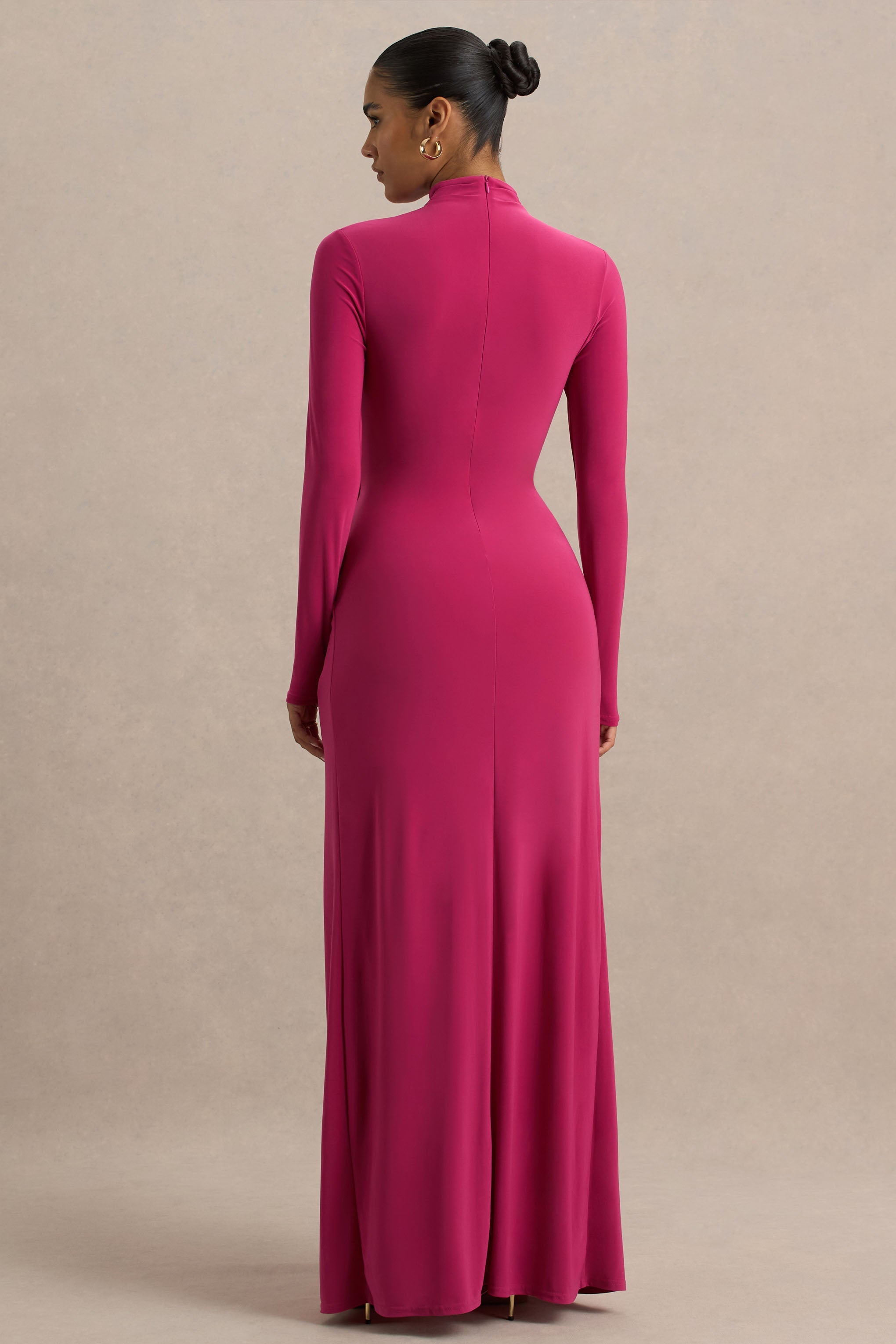 Hourglass | Hot Pink Long-Sleeve Twisted Maxi Dress With Split